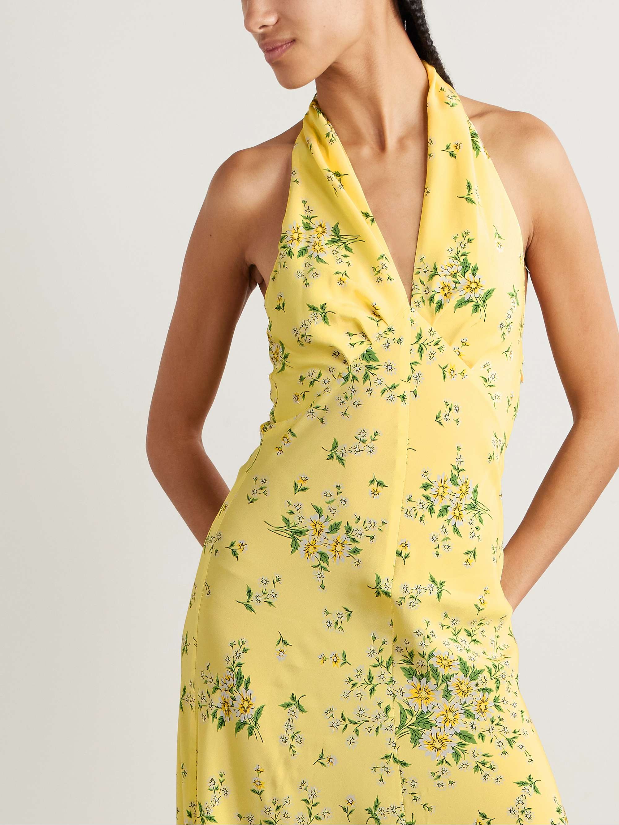 Appliquéd floral-print silk crepe de chine halterneck gown view