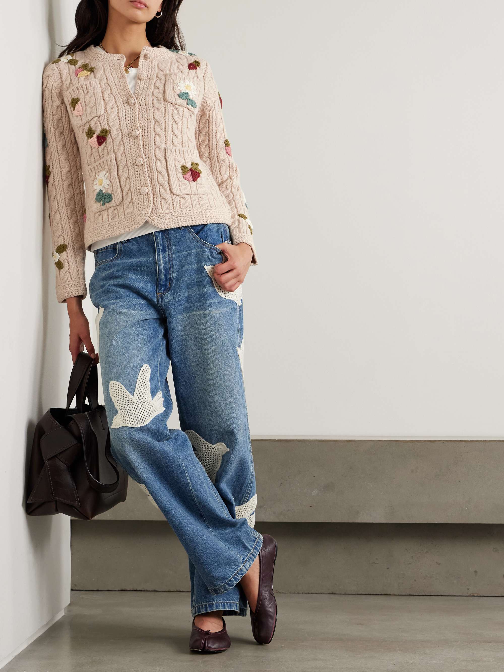 Callie appliquéd cable-knit wool cardigan view