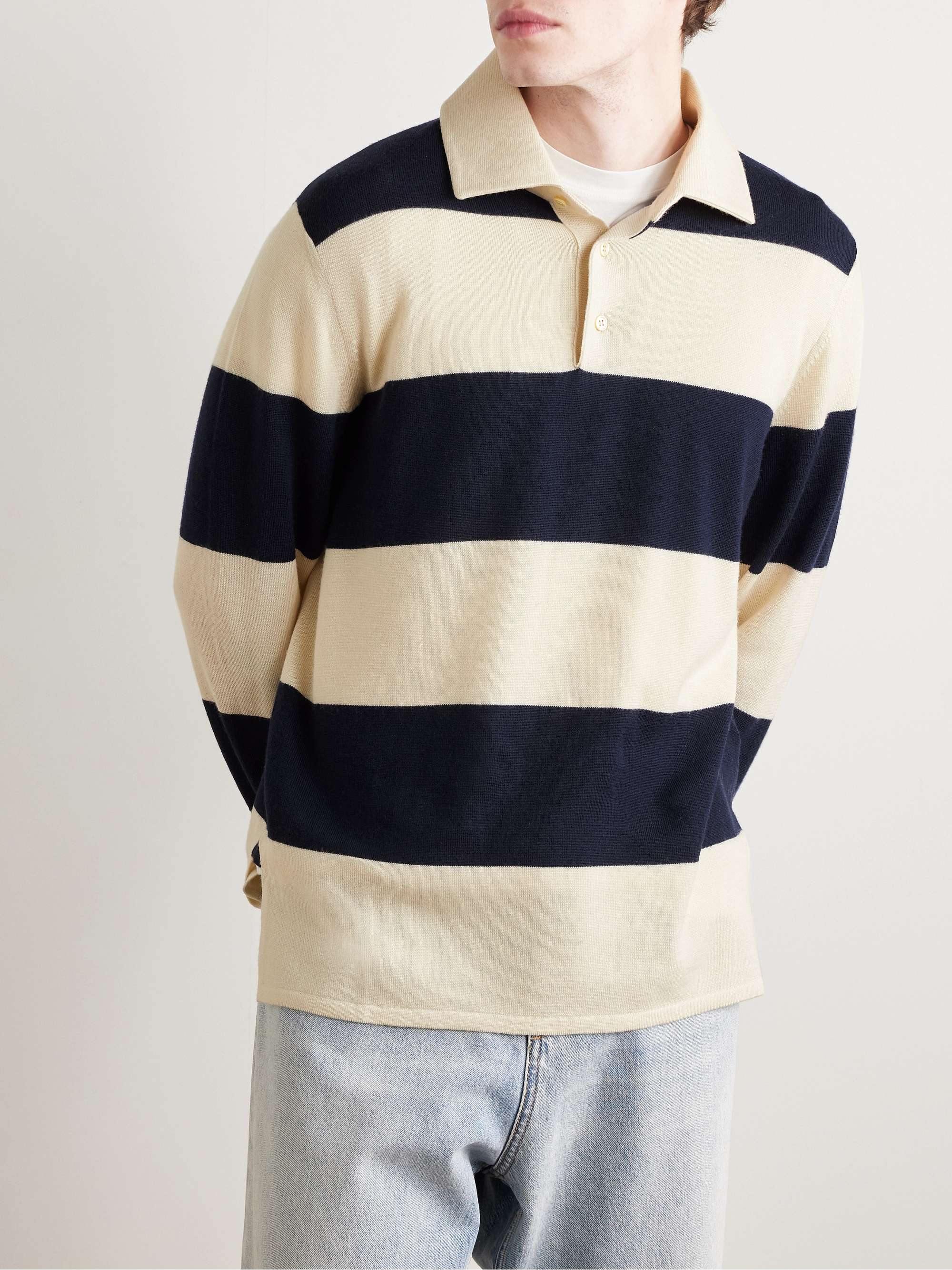 Logo-Print Striped Virgin Wool Polo Shirt view