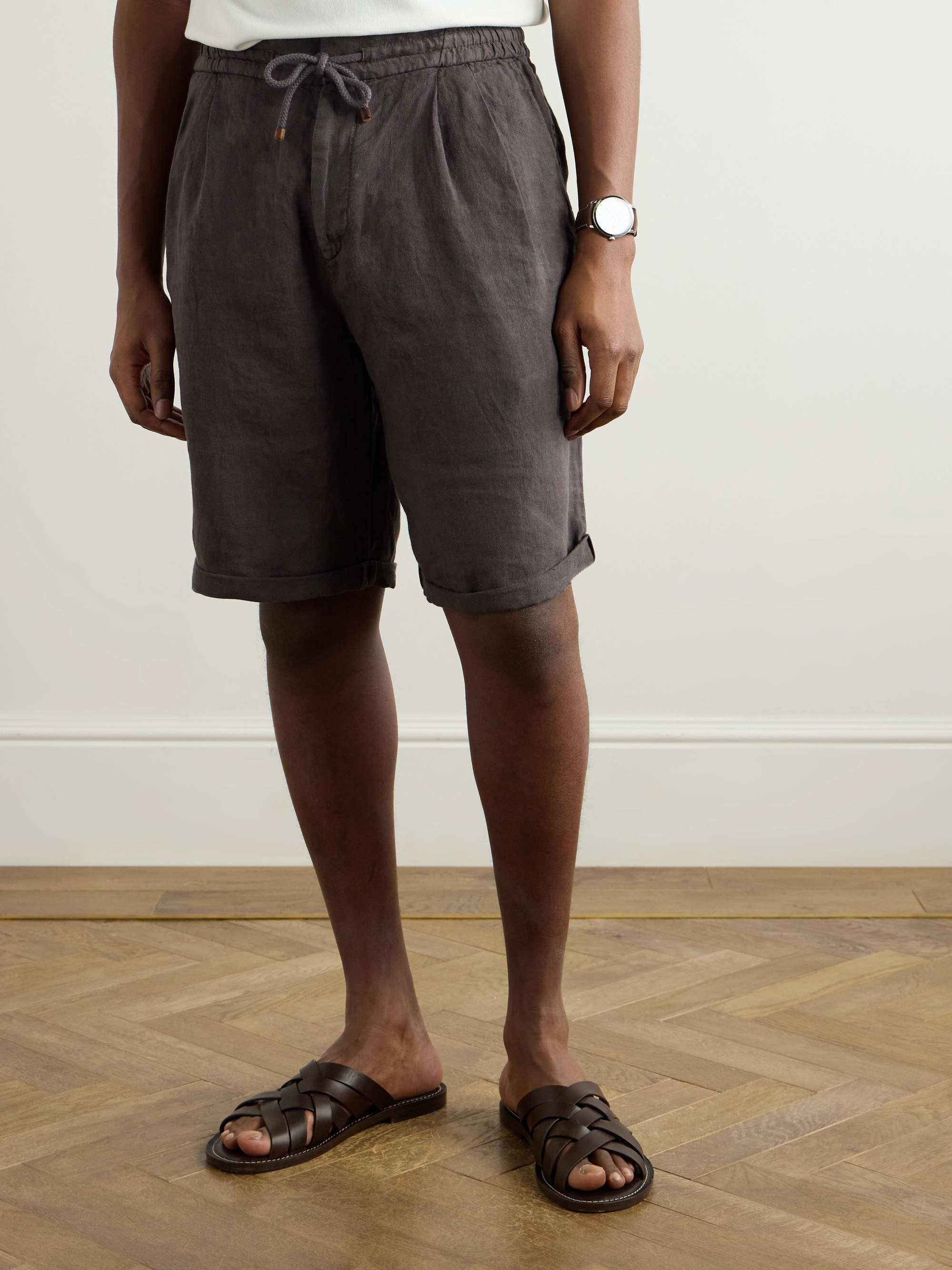 Straight-Leg Pleated Linen-Twill Drawstring Bermuda Shorts view