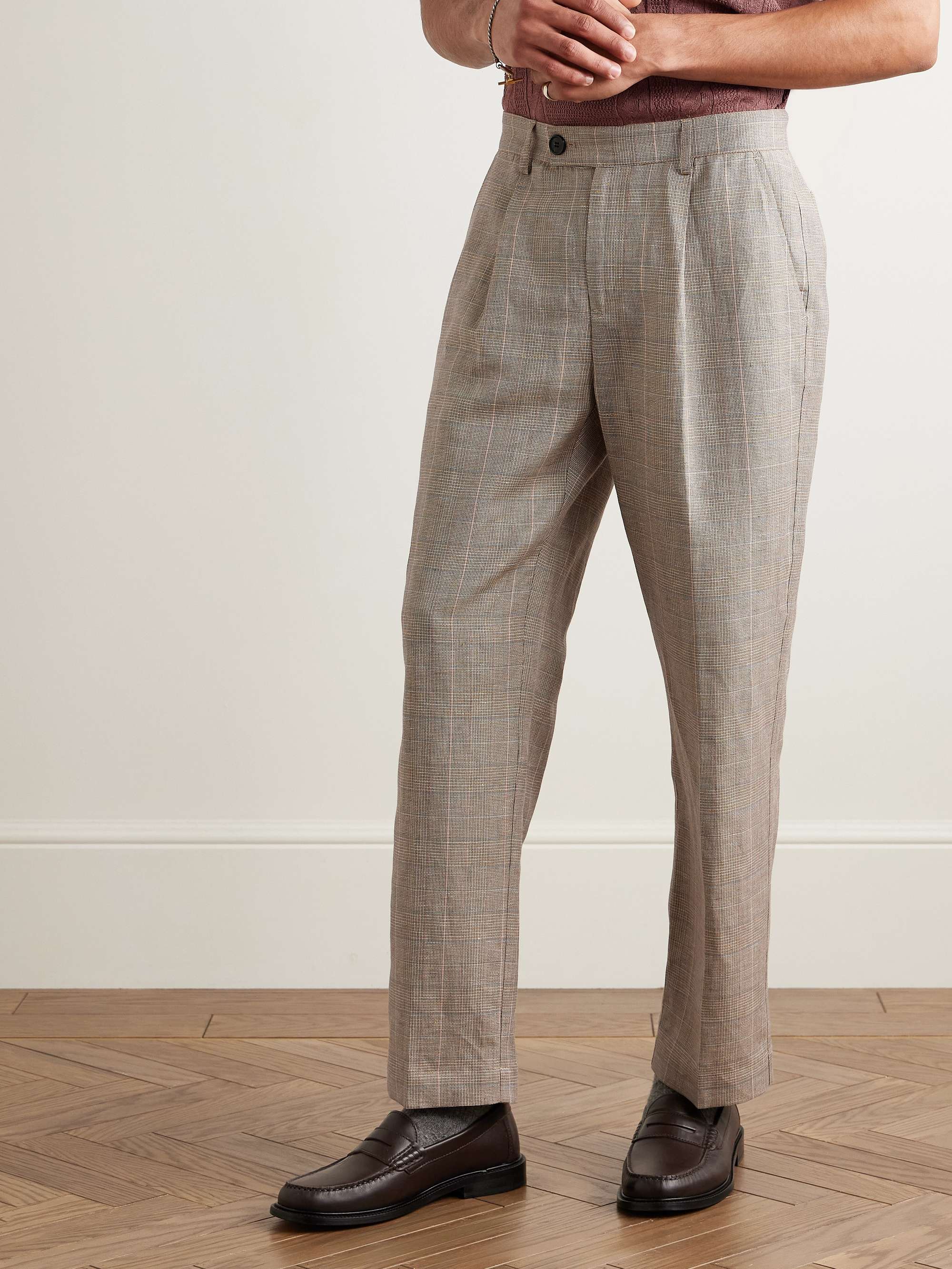 Straight-Leg Pleated Checked Linen and Wool-Blend Trousers view