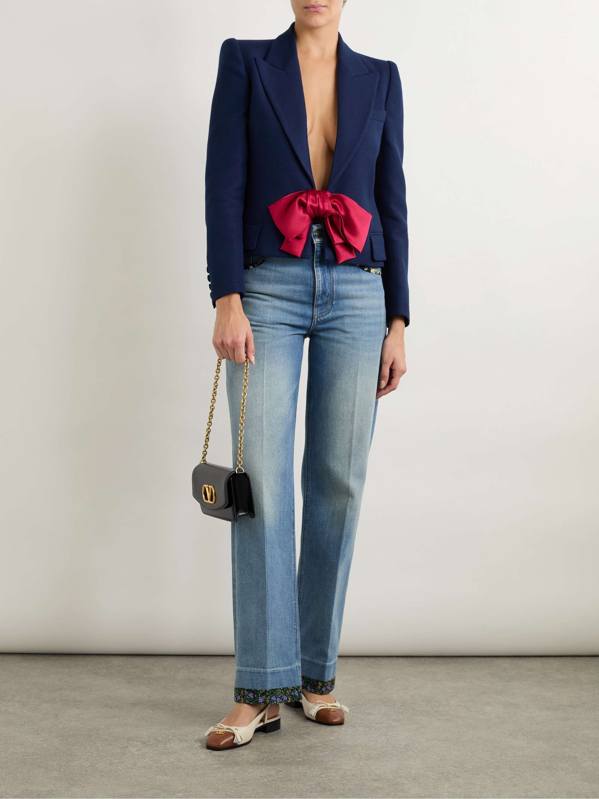 Cropped satin-trimmed woven blazer view