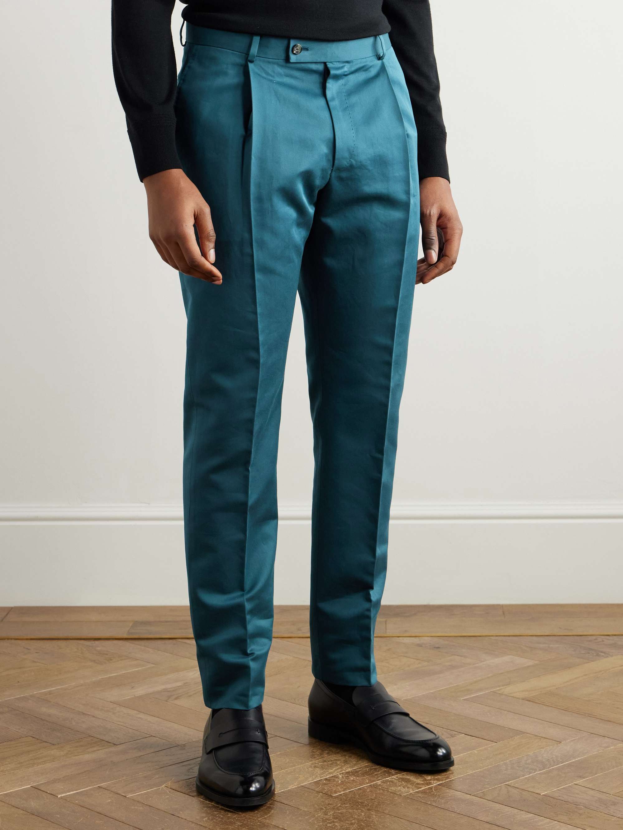 Slim-Fit Pleated Cotton and Silk-Blend Twill Trousers view