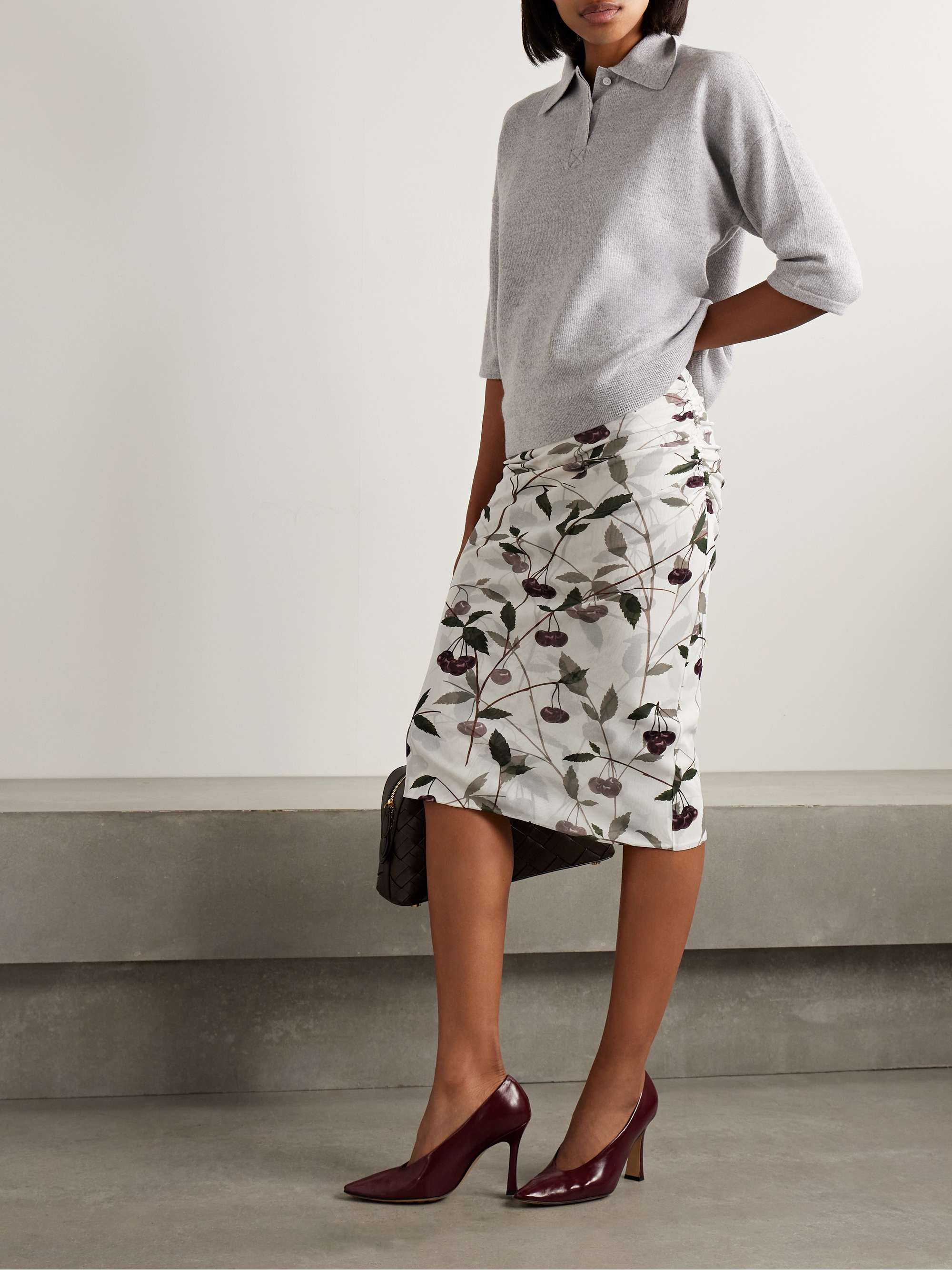 Ruched printed stretch-mesh midi skirt view