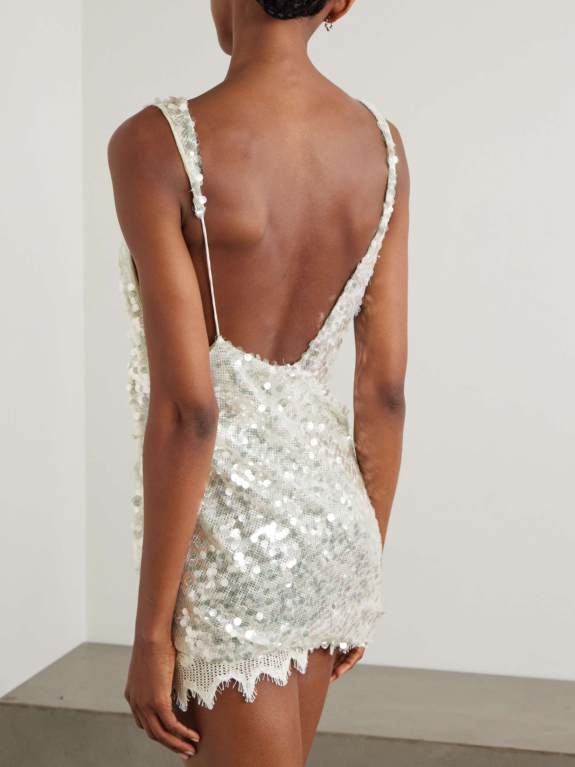 Cotton-blend lace-trimmed sequined mesh mini dress view