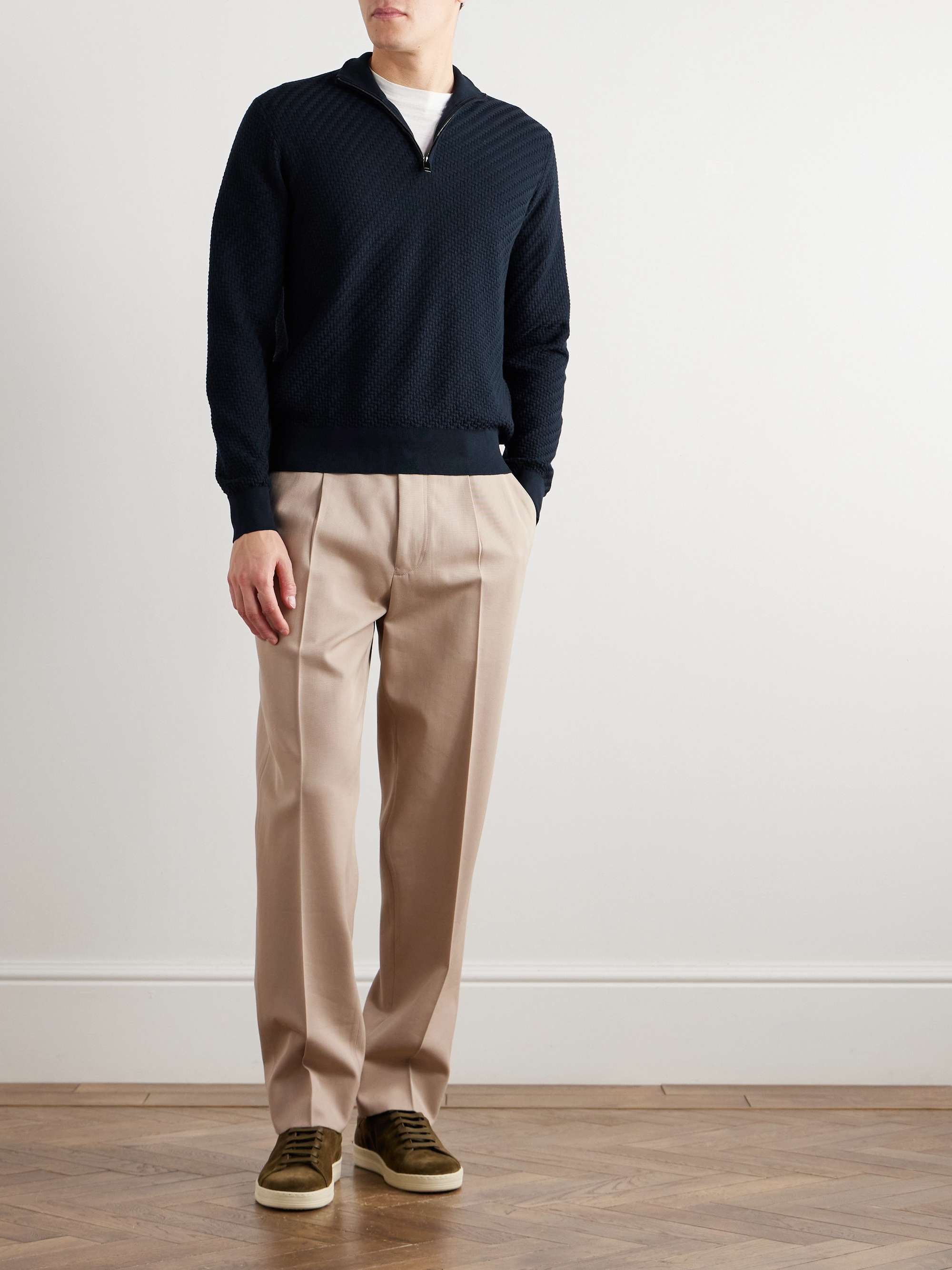 Basketweave Cotton, Silk and Cashmere-Blend Half-Zip Sweater view