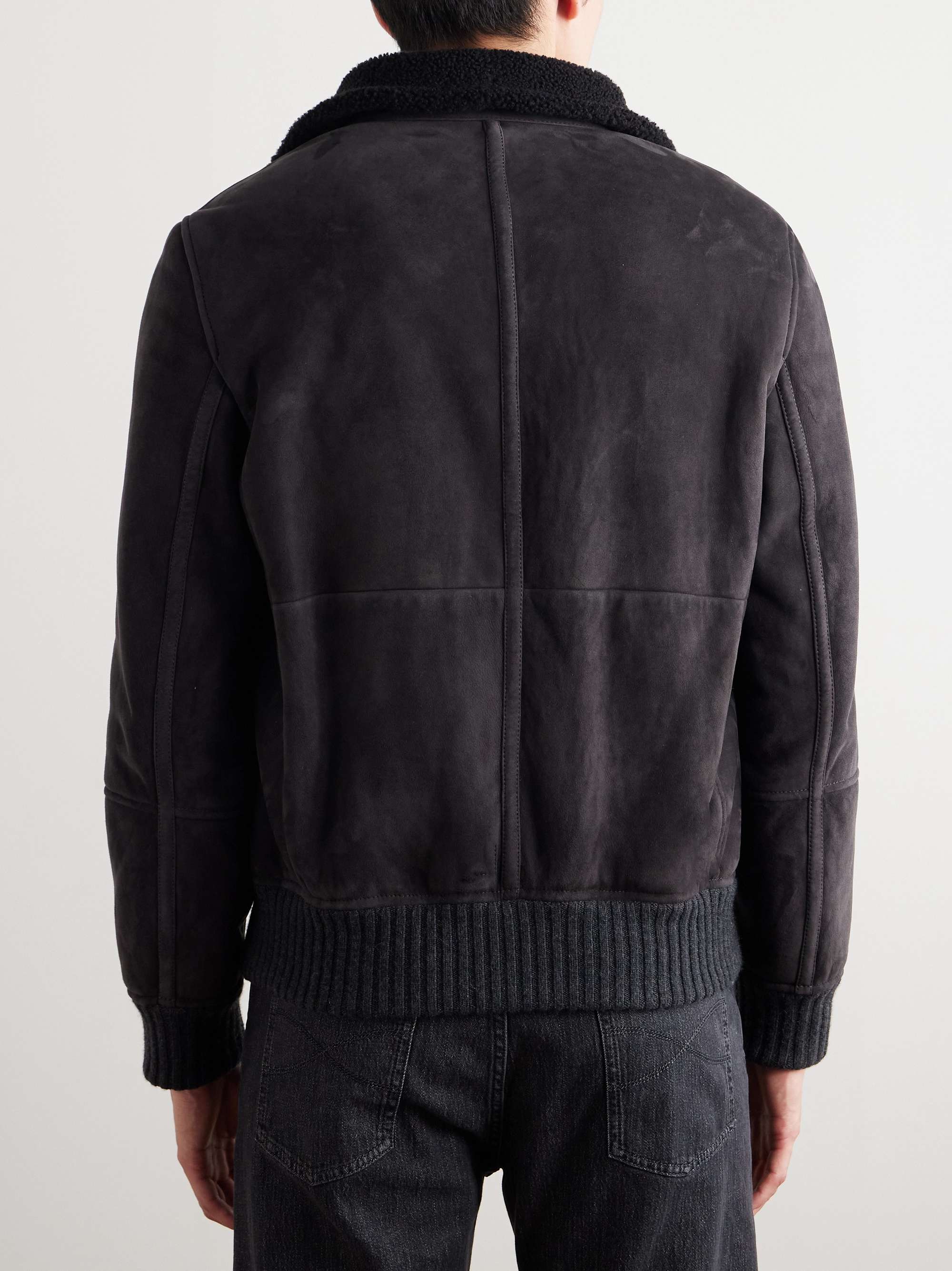 Ribbed Knit-Trimmed Shearling Bomber Jacket view
