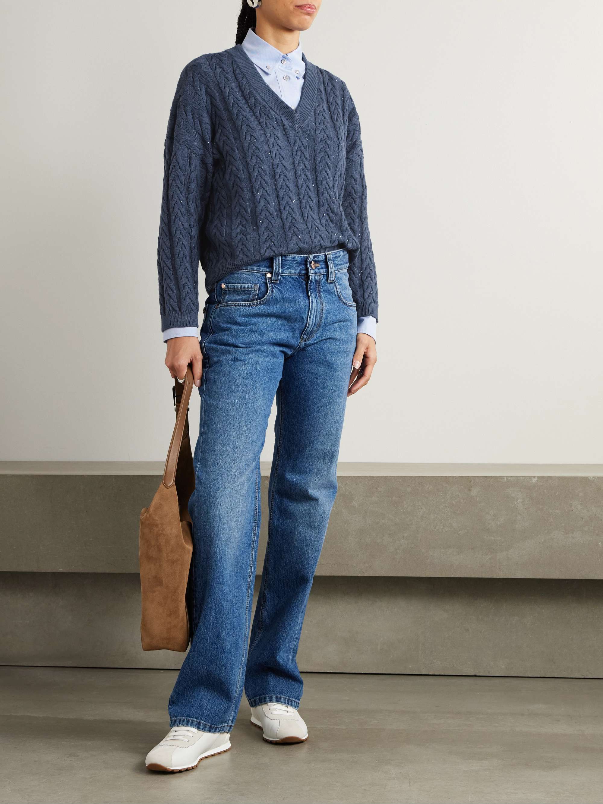 Sequin-embellished cable-knit cotton-blend sweater view