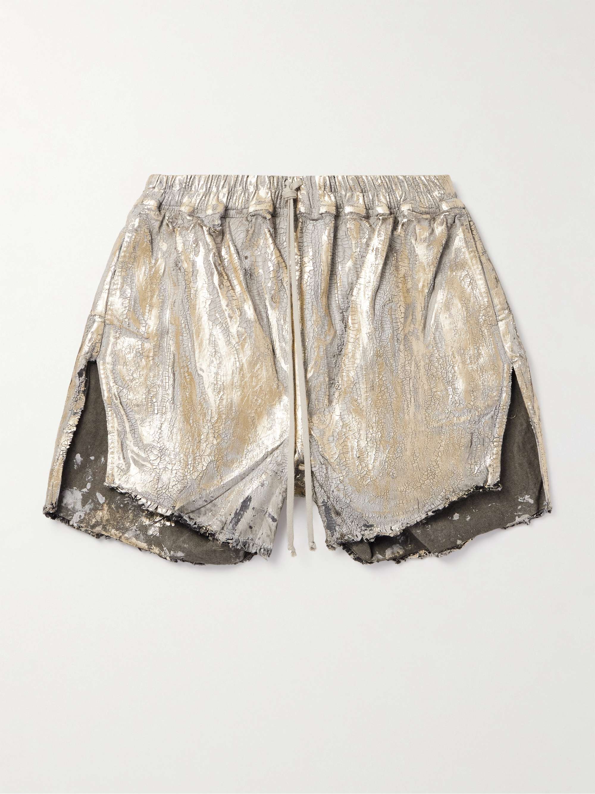 Blister Straight-Leg Frayed Metallic Megacrust Stretch-Denim Drawstring Shorts view