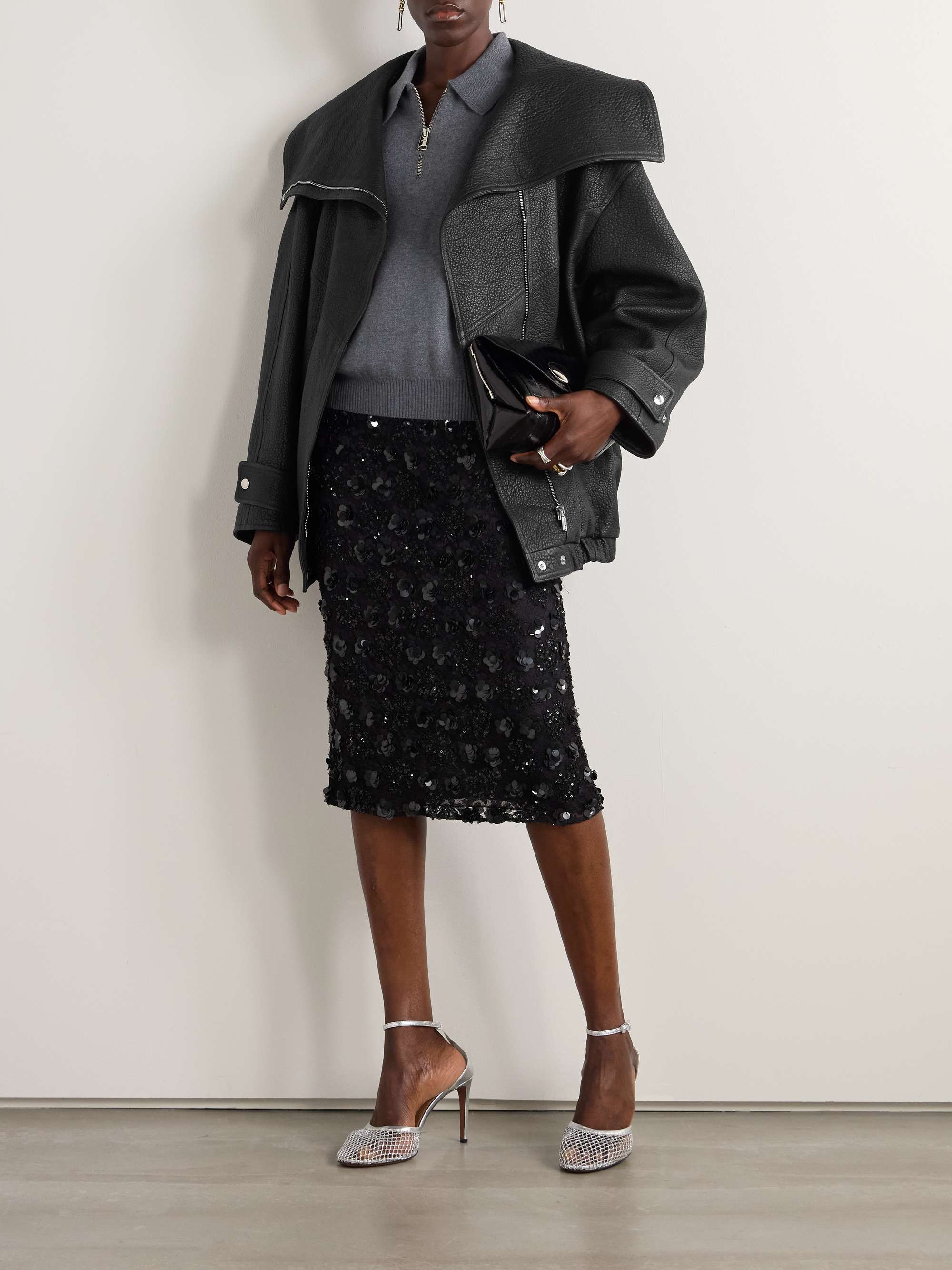 Oversized textured-leather biker jacket view
