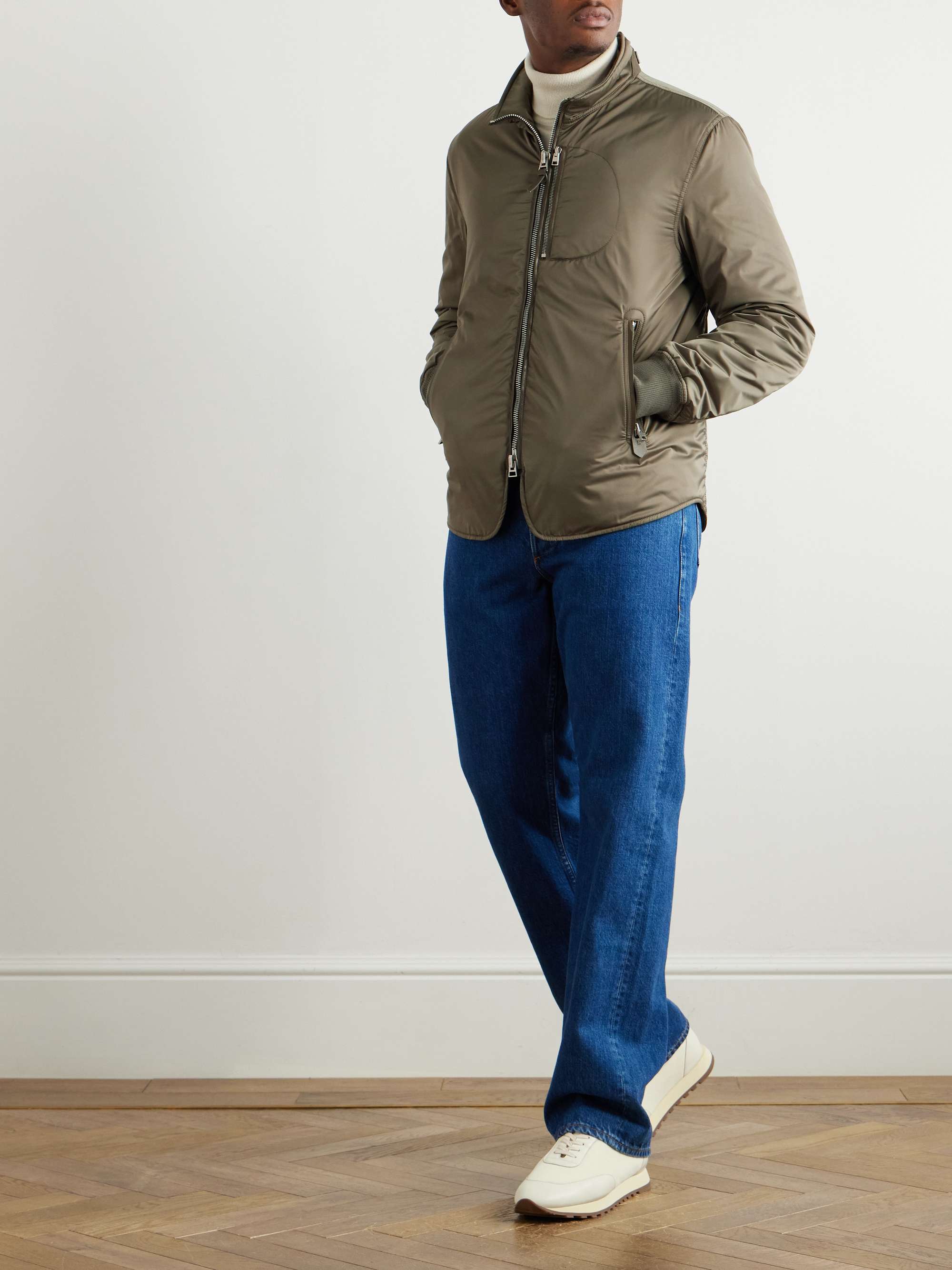 Padded Leather-Trimmed Satin Bomber Jacket view