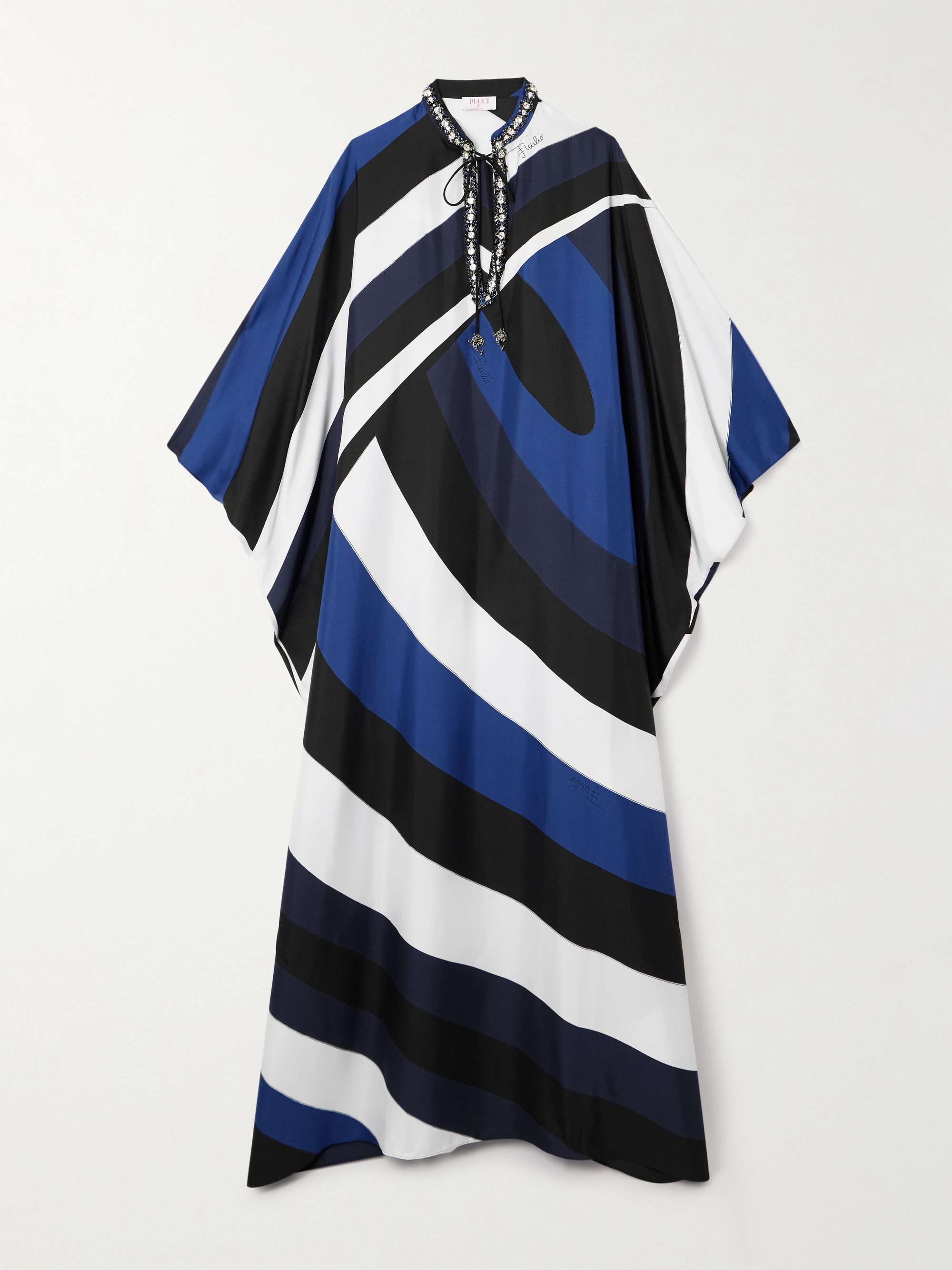 Embellished tie-front printed silk-twill kaftan view