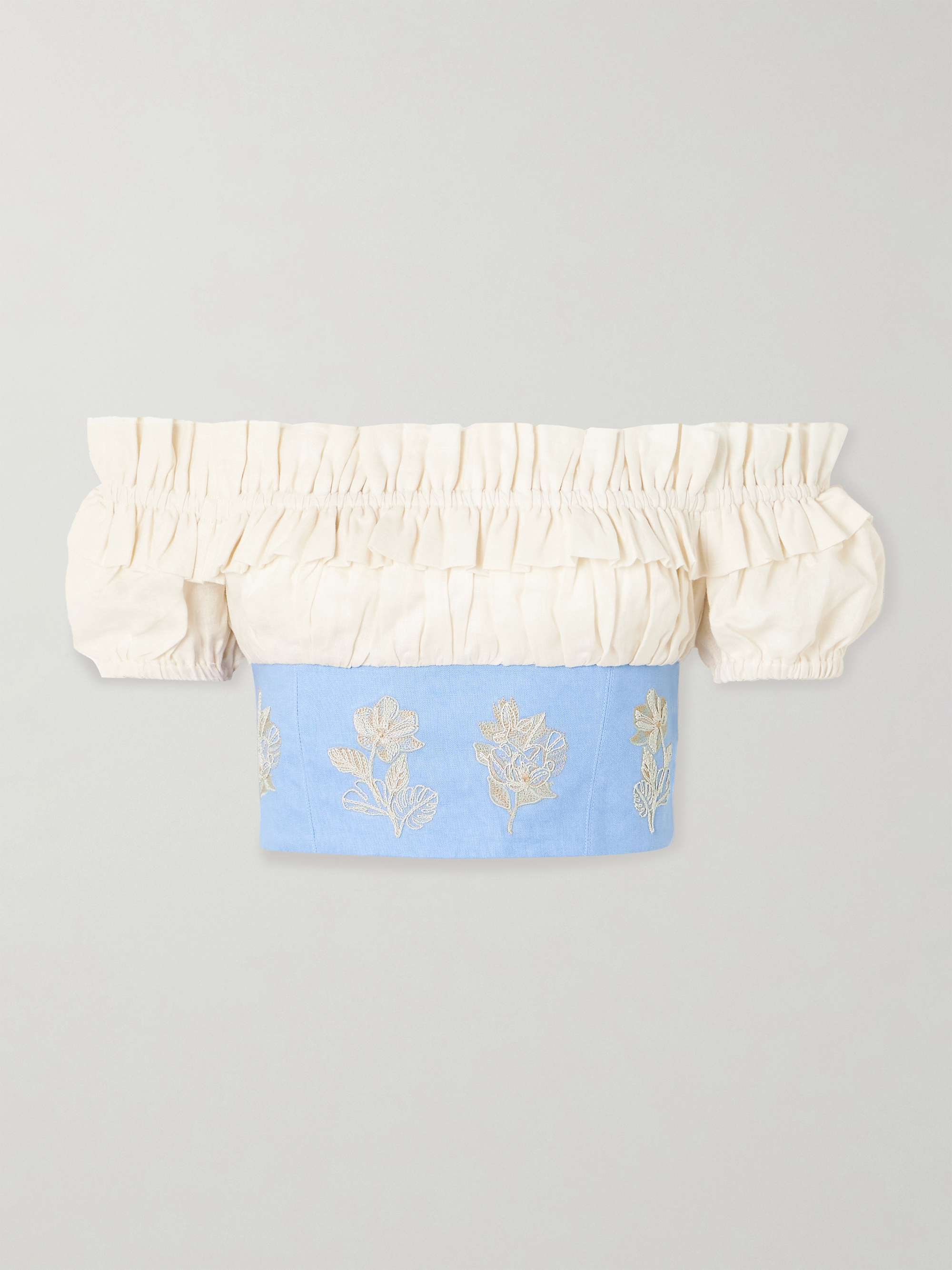 Pimienta Madera cropped off-the-shoulder ruffled embroidered linen top view