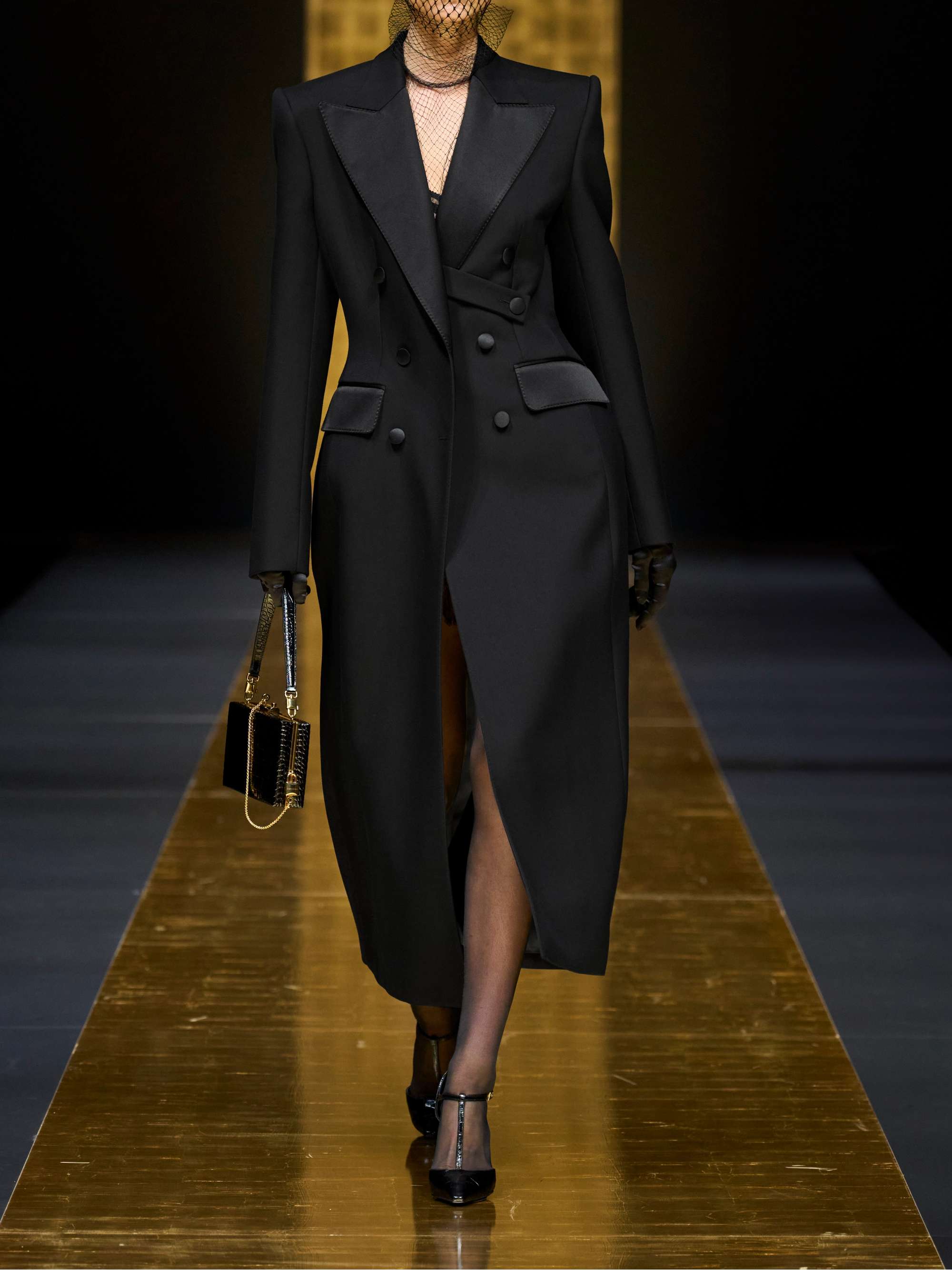 Double-breasted satin-trimmed wool-blend gabardine coat view