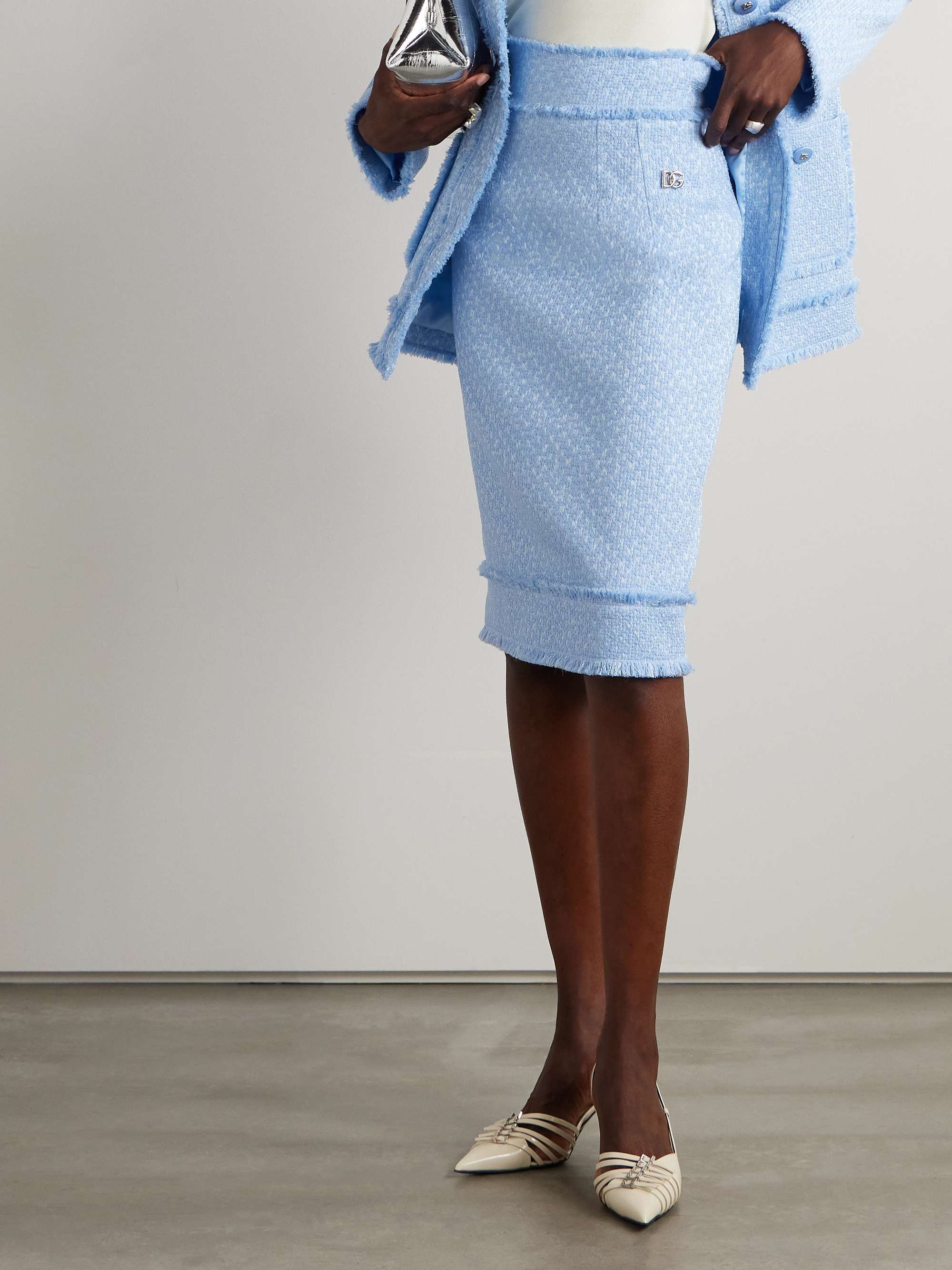 Frayed wool-blend tweed midi skirt view