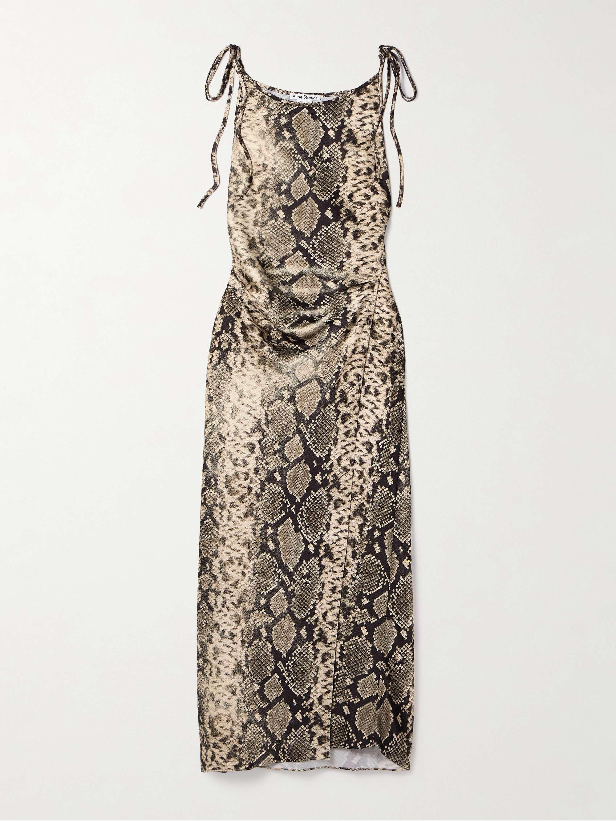 Wrap-effect draped snake-print hammered-satin midi dress view