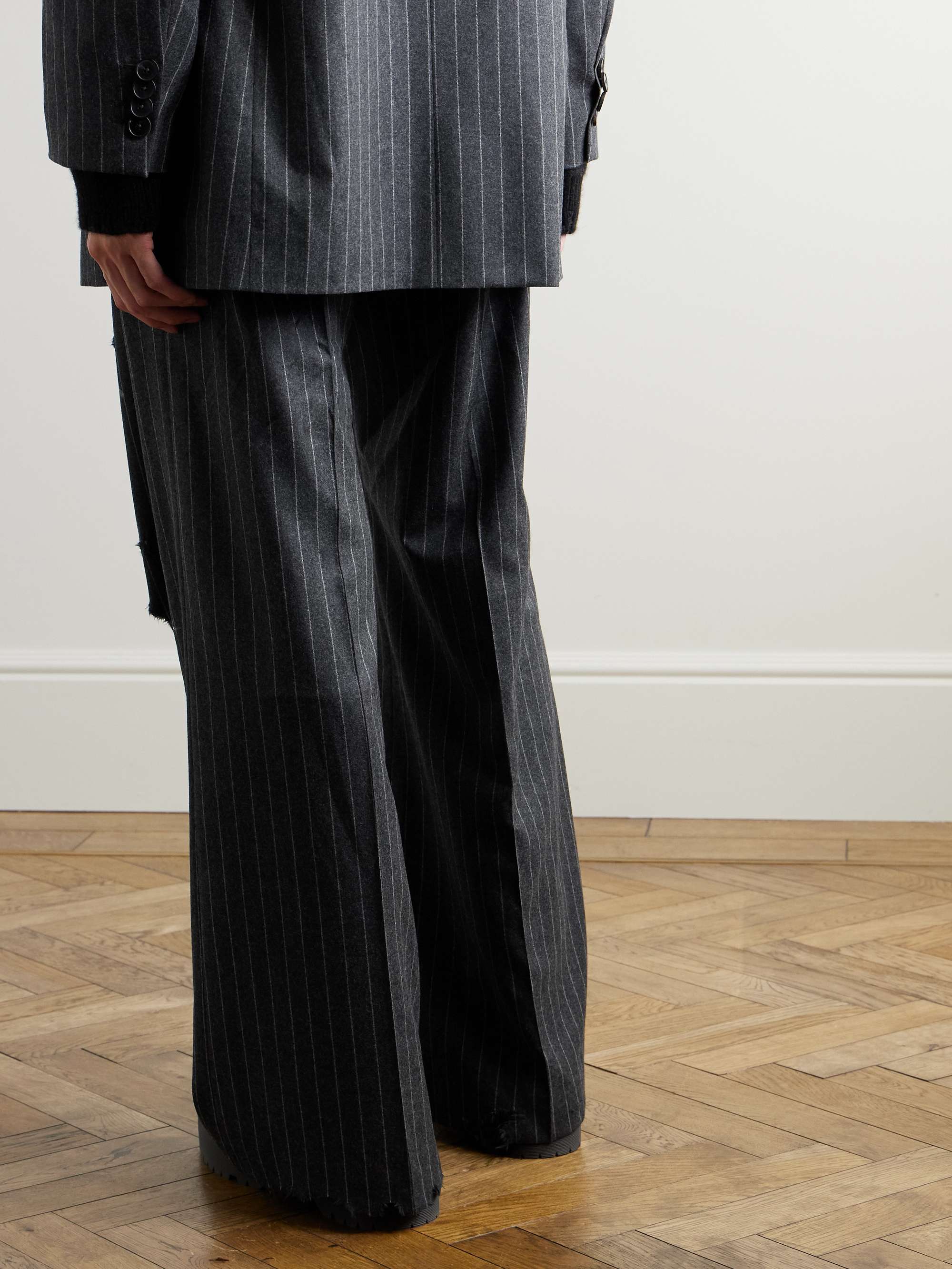 Wide-Leg Pleated Pinstriped Distressed Virgin Wool-Twill Trousers view