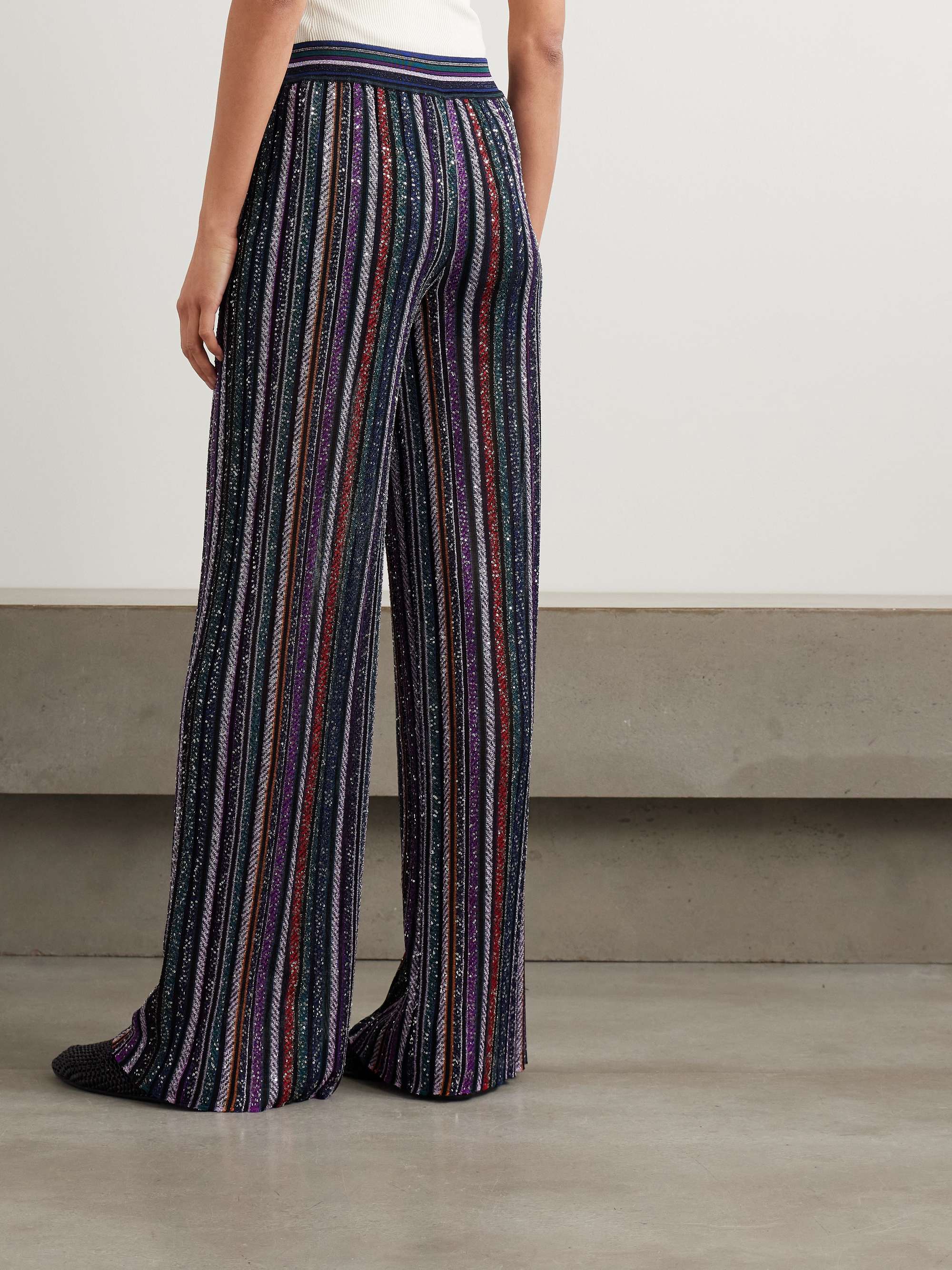 Sequined striped metallic crochet-knit wide-leg pants view