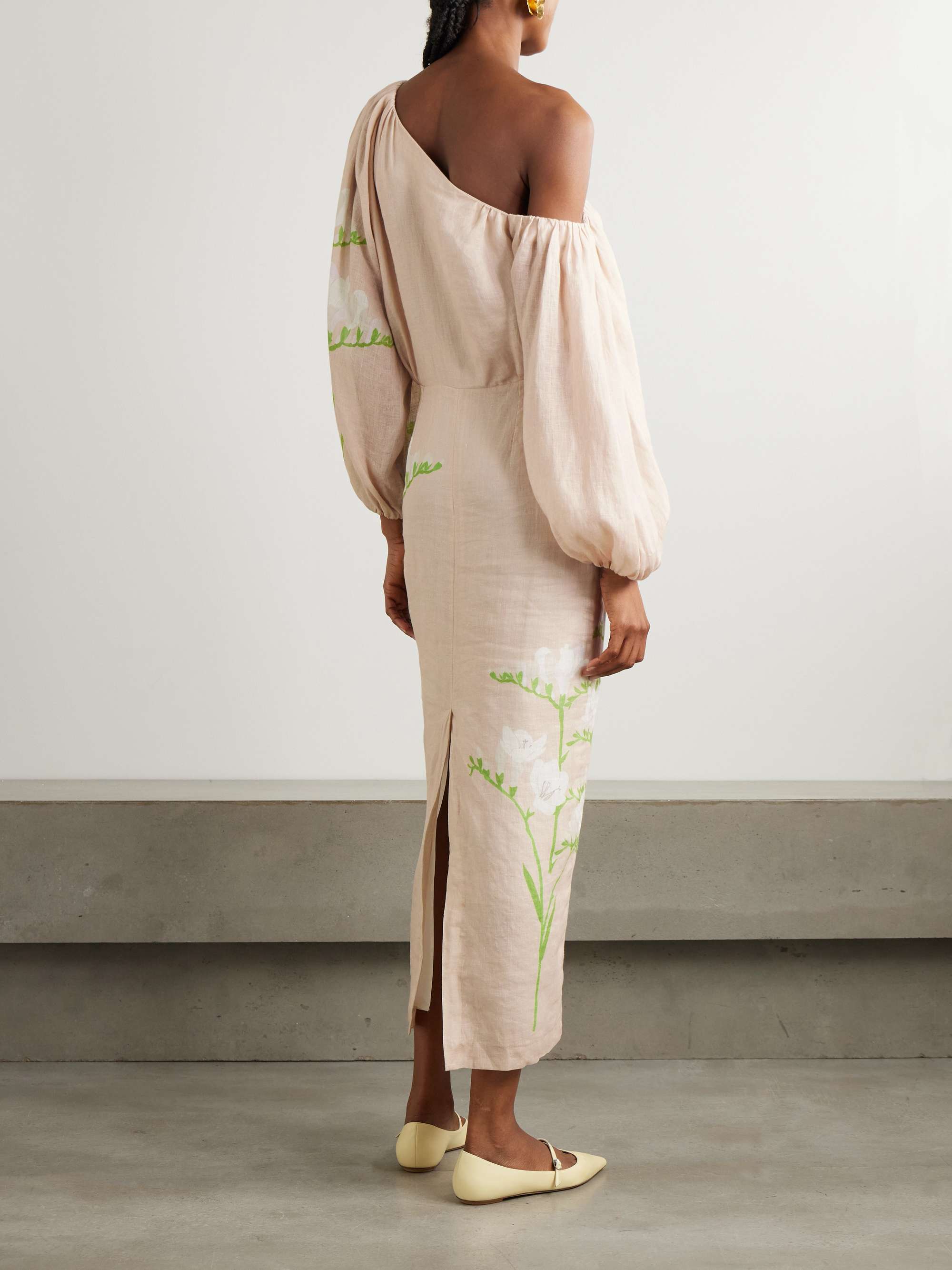 Cara off-the-shoulder gathered floral-print linen midi dress view