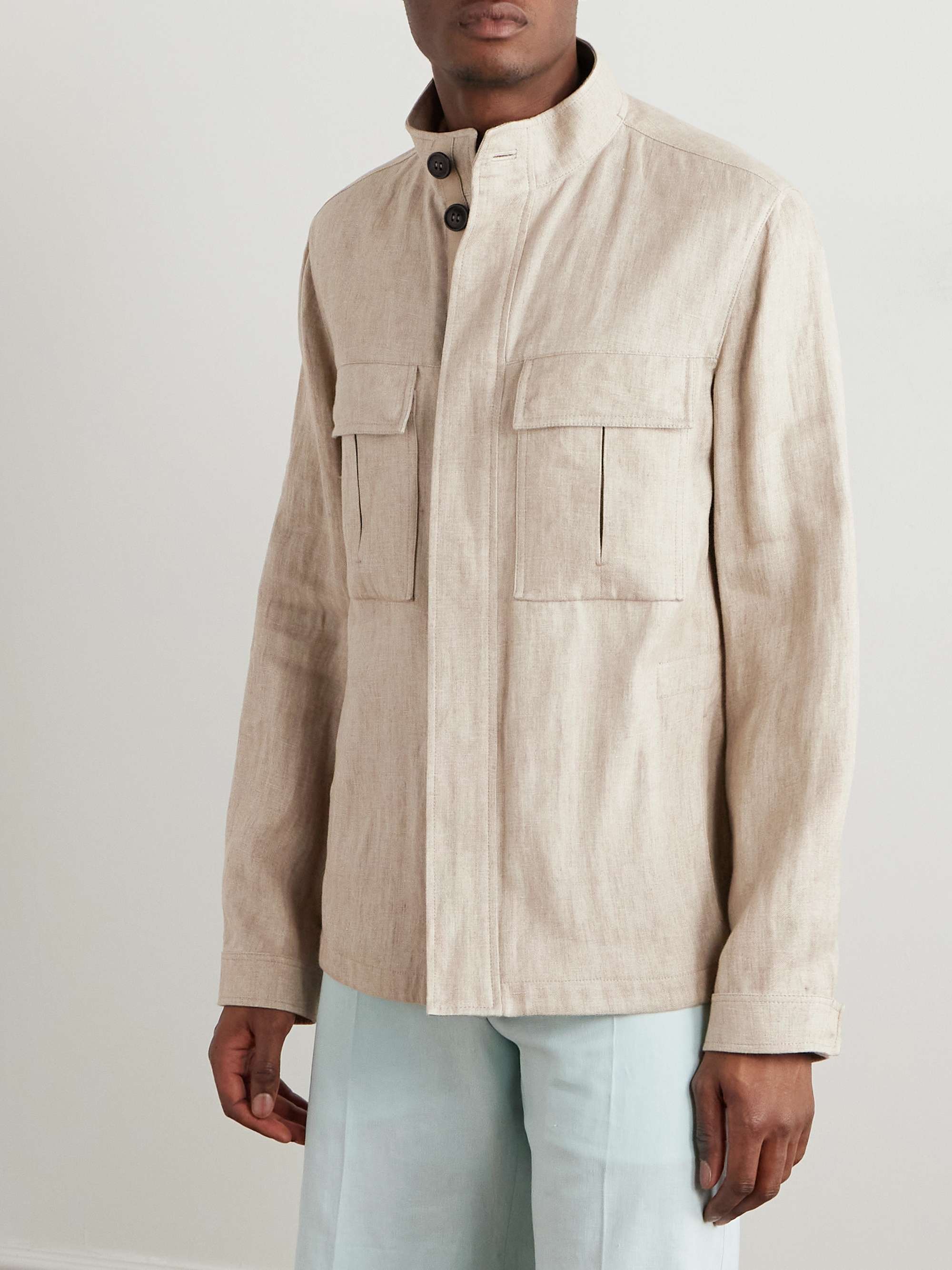 Leather-Trimmed Linen Overshirt view
