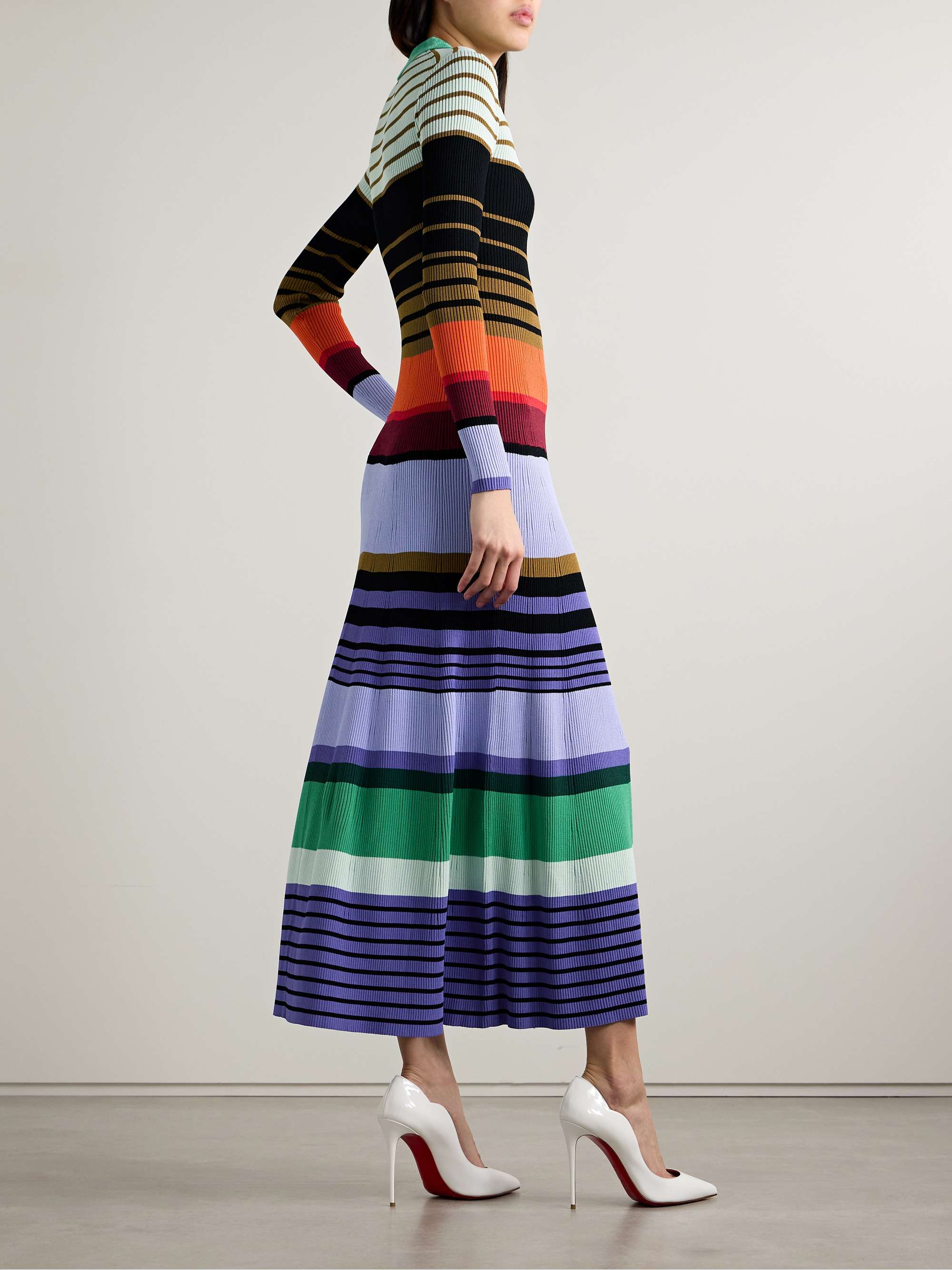 Chenille-trimmed striped ribbed-knit midi dress view