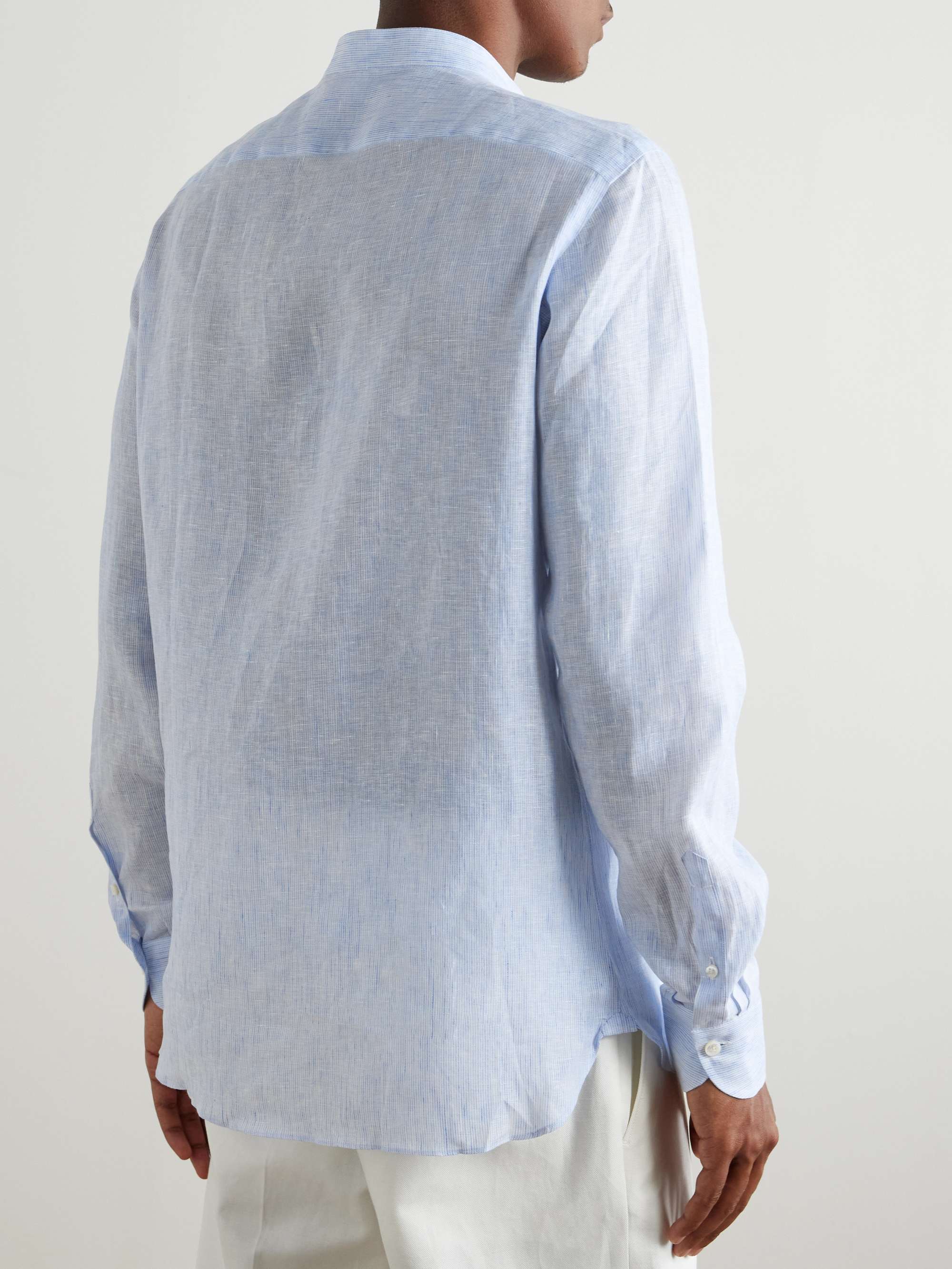 Grandad-Collar Striped Linen Shirt view