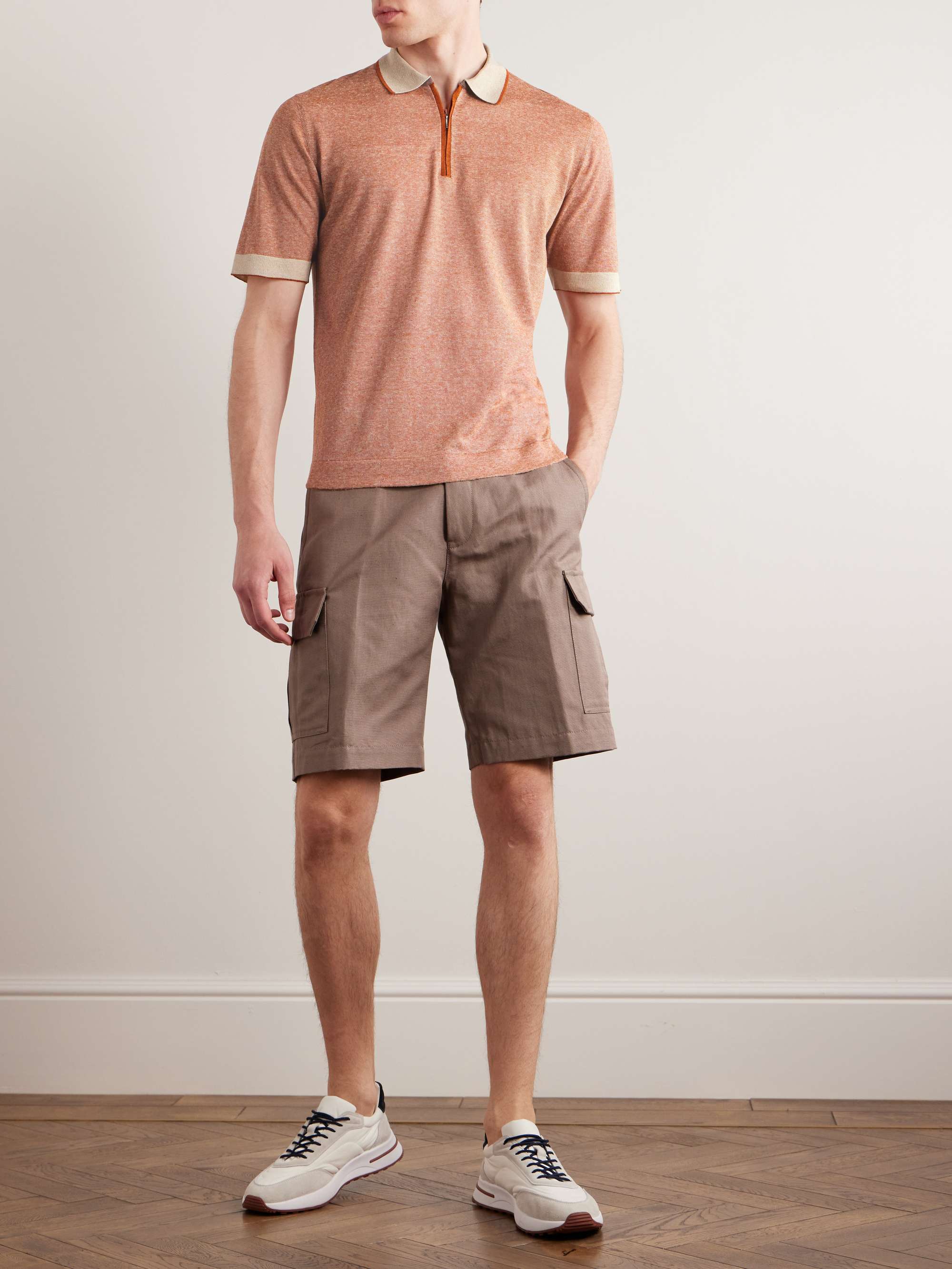 Slim-Fit Striped Silk and Linen-Blend Polo Shirt view