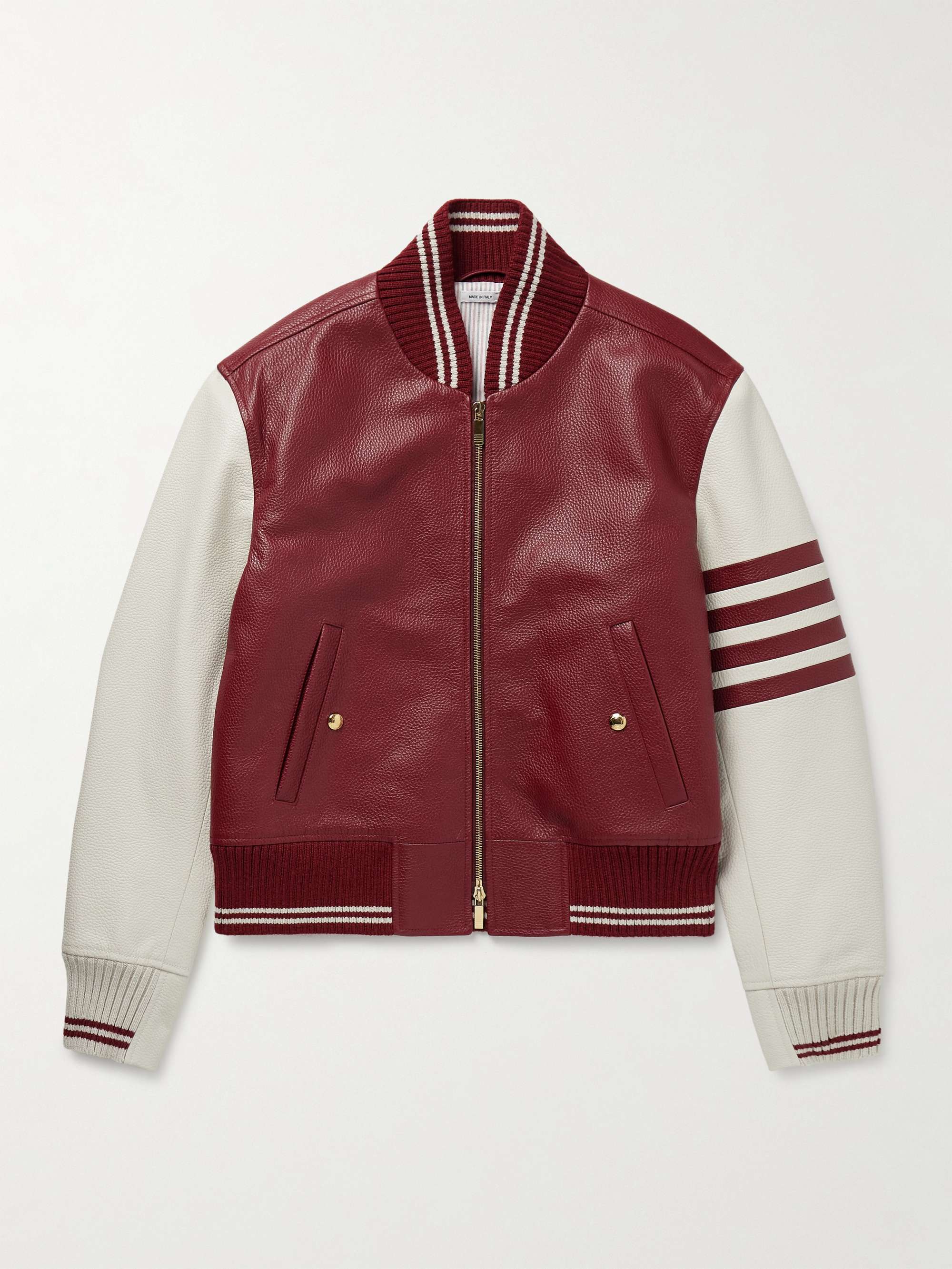 Striped Full-Grain Leather Bomber Jacket view