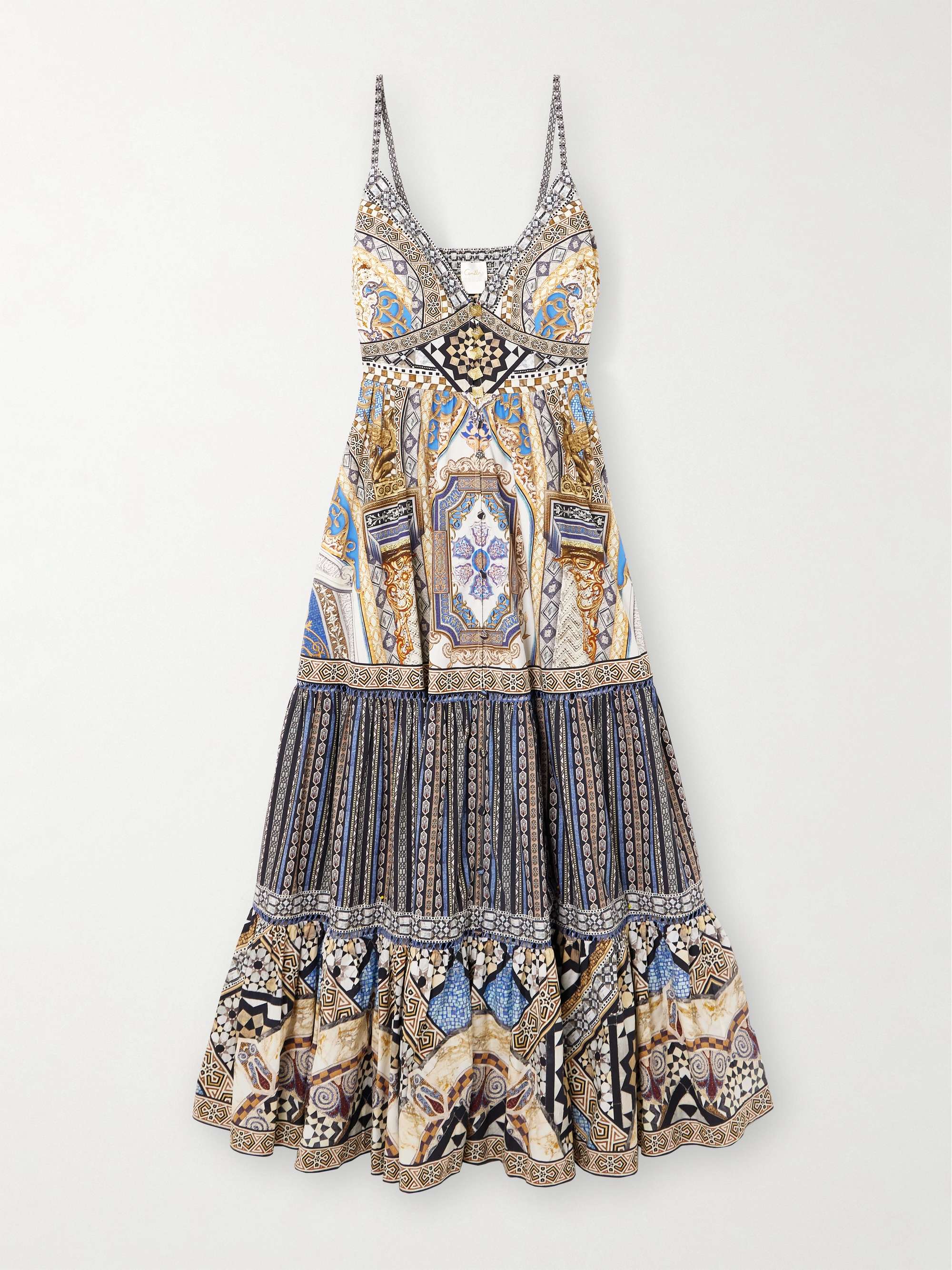 Crystal-embellished tiered shirred lace-trimmed cotton maxi dress view
