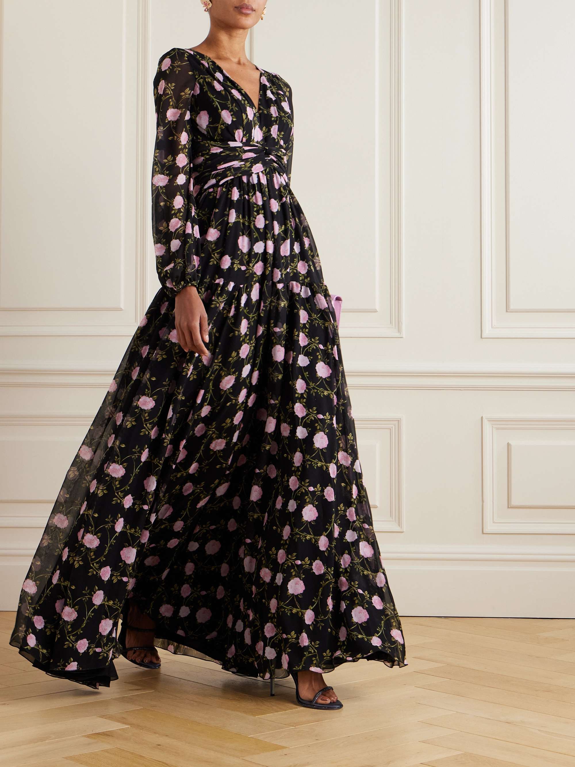 Gathered floral-print silk-chiffon gown view