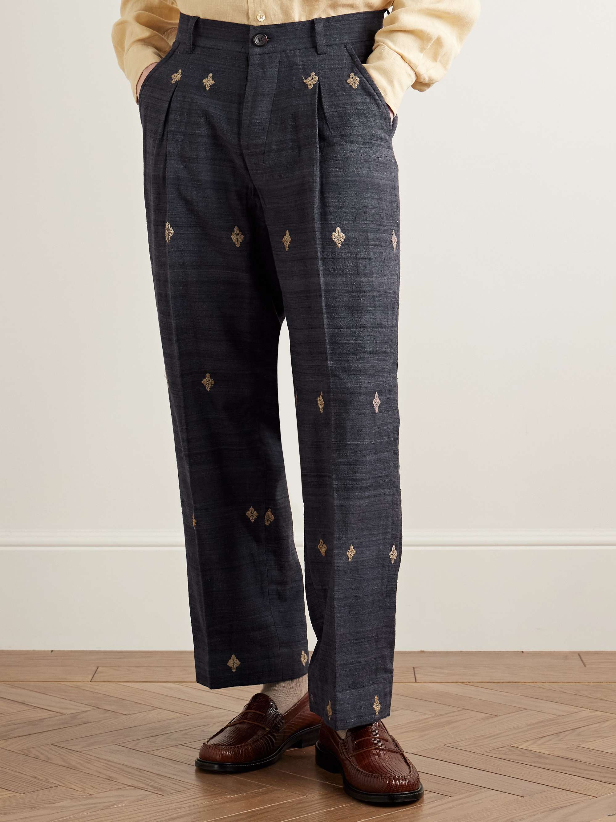Straight-Leg Pleated Embroidered Silk Trousers view