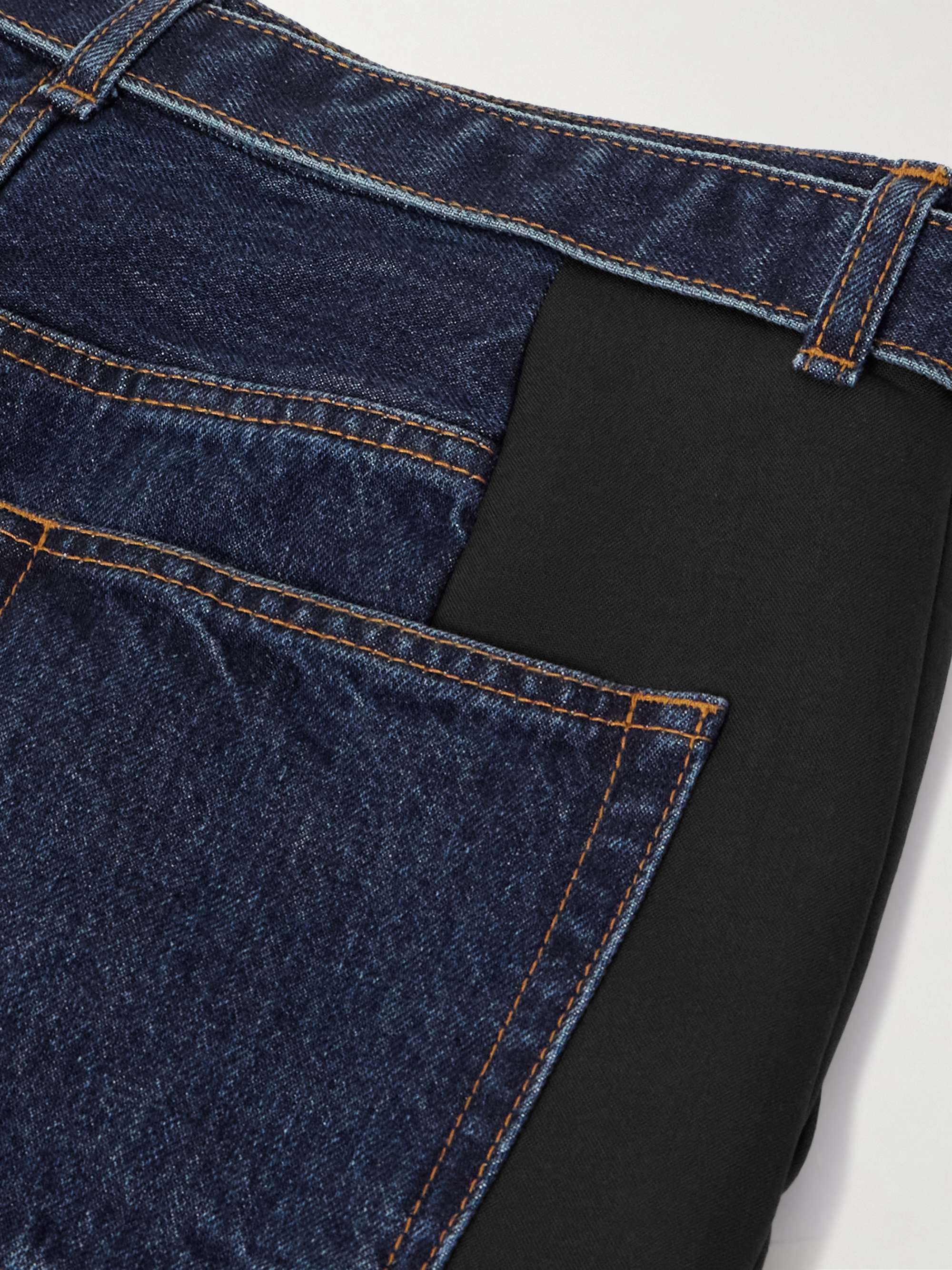 Belted wool-blend trimmed denim wide-leg pants view