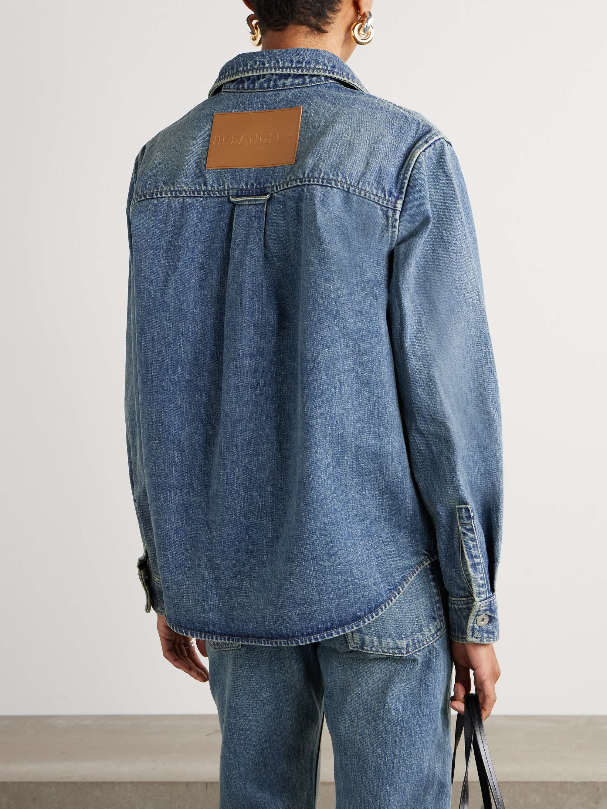 Leather-trimmed paneled denim shirt view