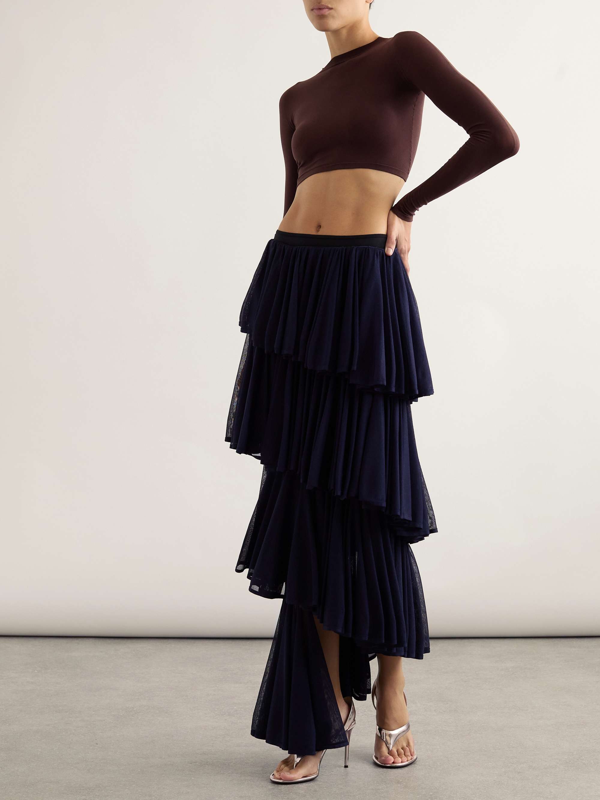 Asymmetric pleated tiered knit midi skirt view