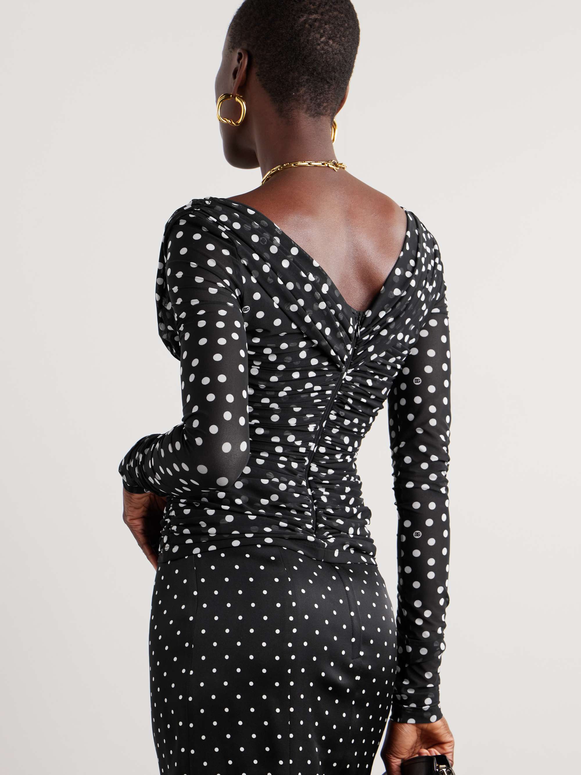 Ruched wrap-effect printed polka-dot tulle blouse view