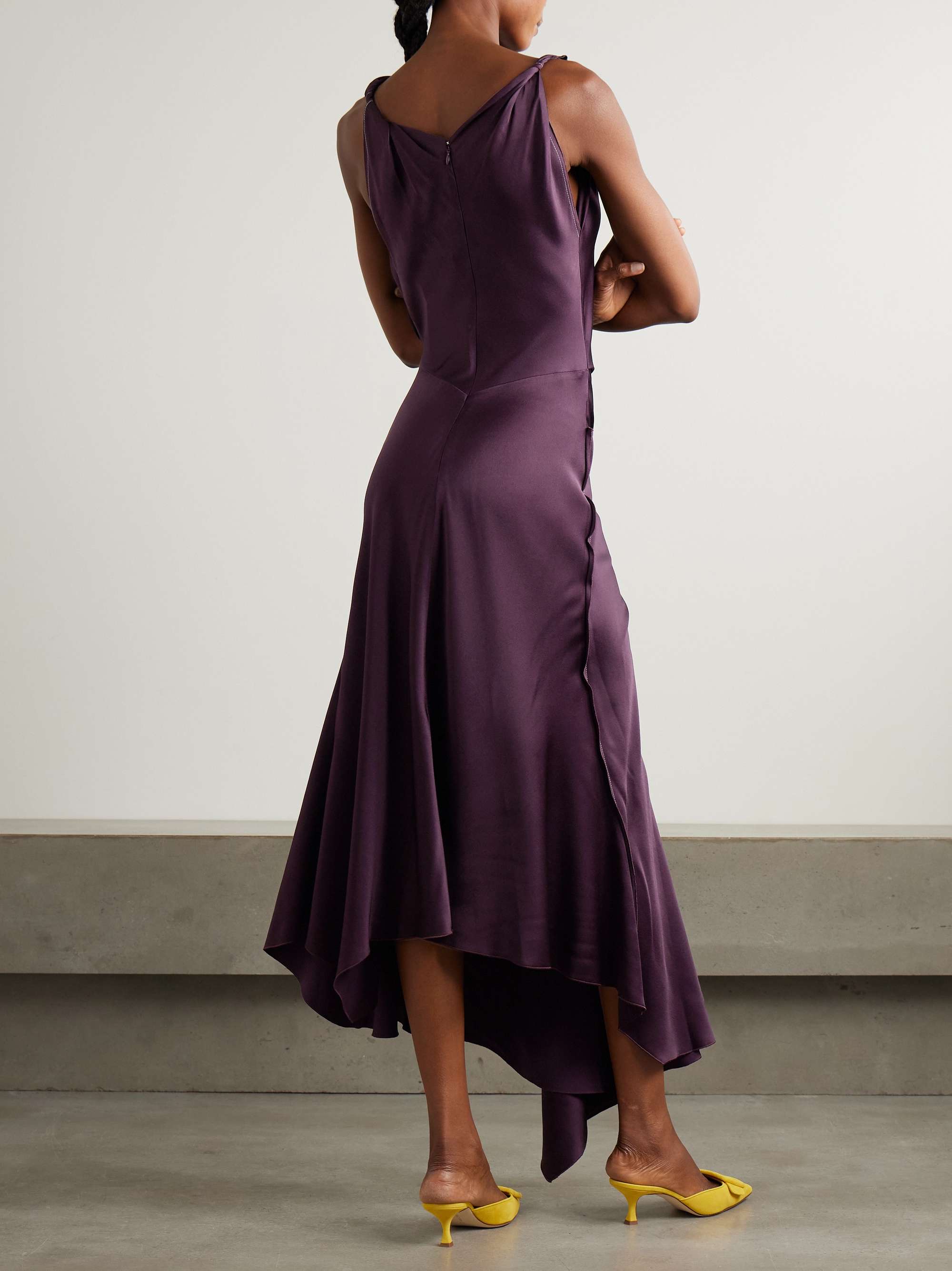 Asymmetric paneled draped gathered satin midi dress view