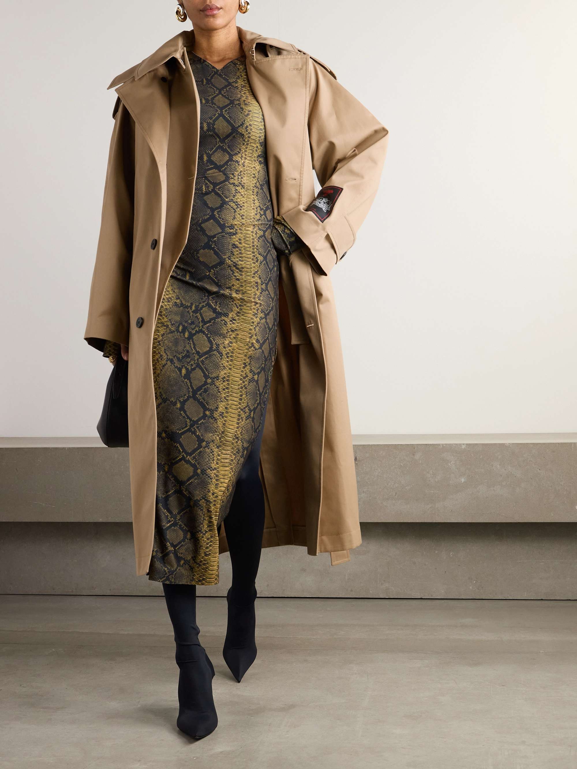Belted layered appliquéd cotton-twill trench coat view