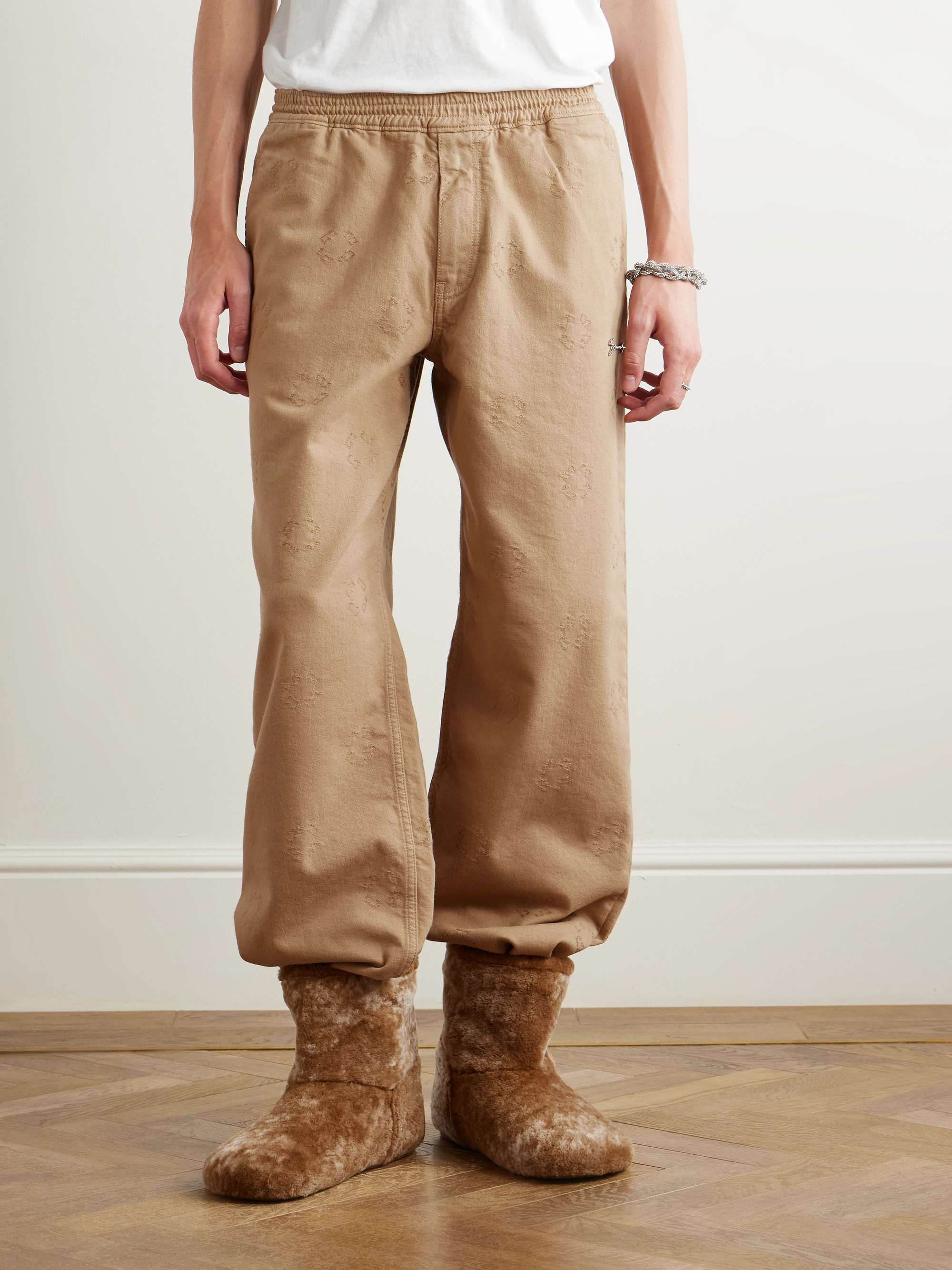 Tapered Appliquéd Logo-Jacquard Cotton-Blend Twill Trousers view