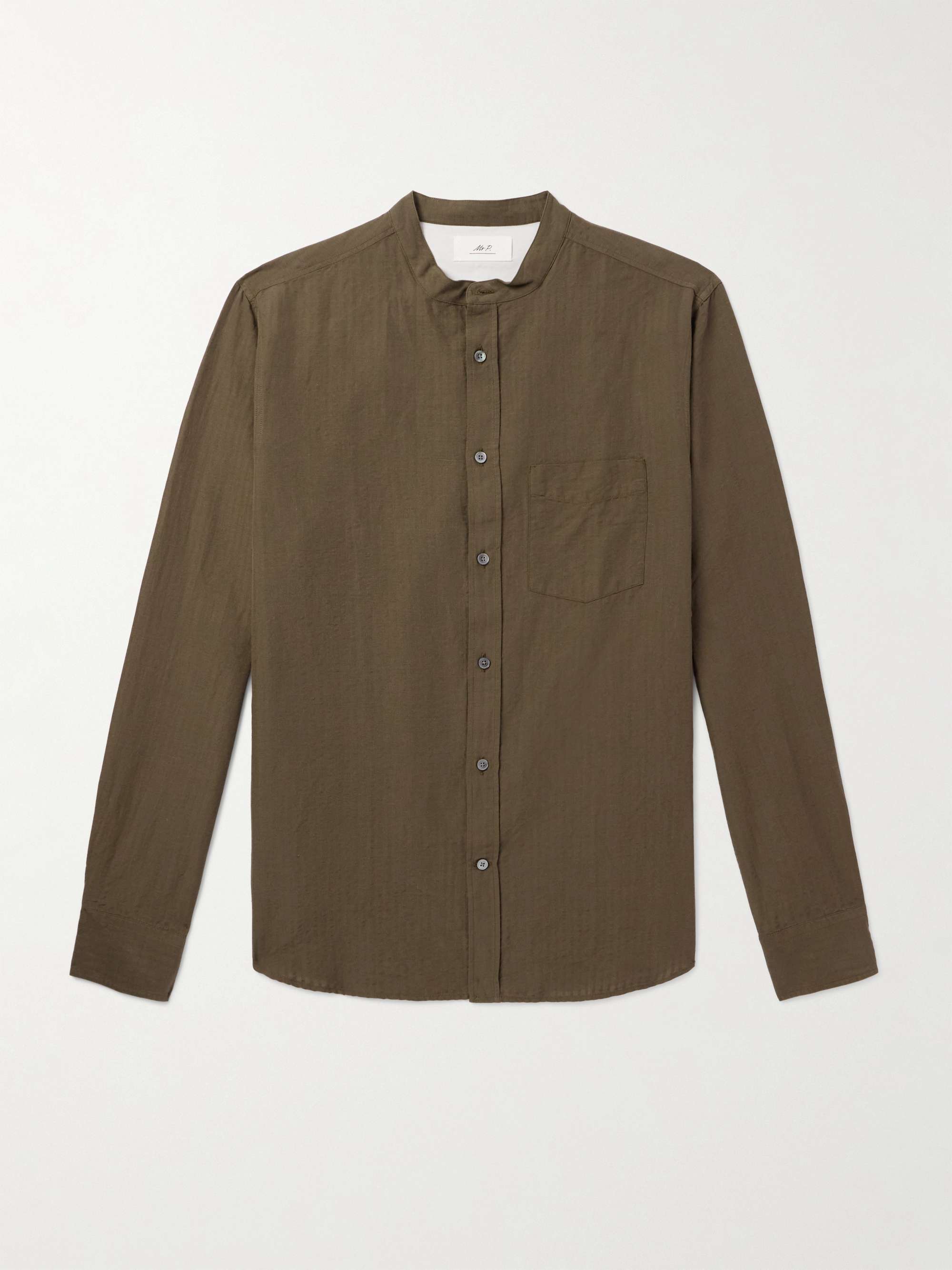 Grandad-Collar Organic Cotton and Linen-Blend Seersucker Shirt view