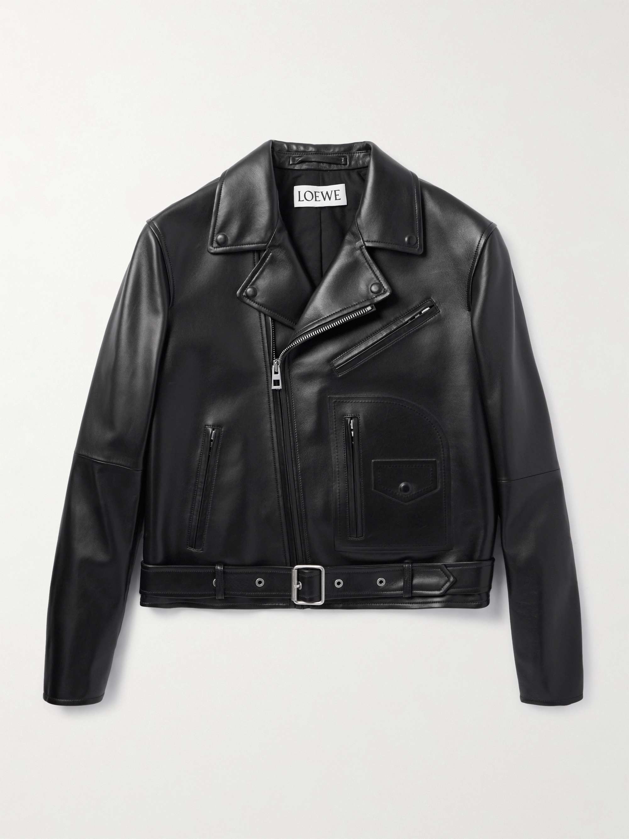 Logo-Embossed Belted Leather Biker Jacket view