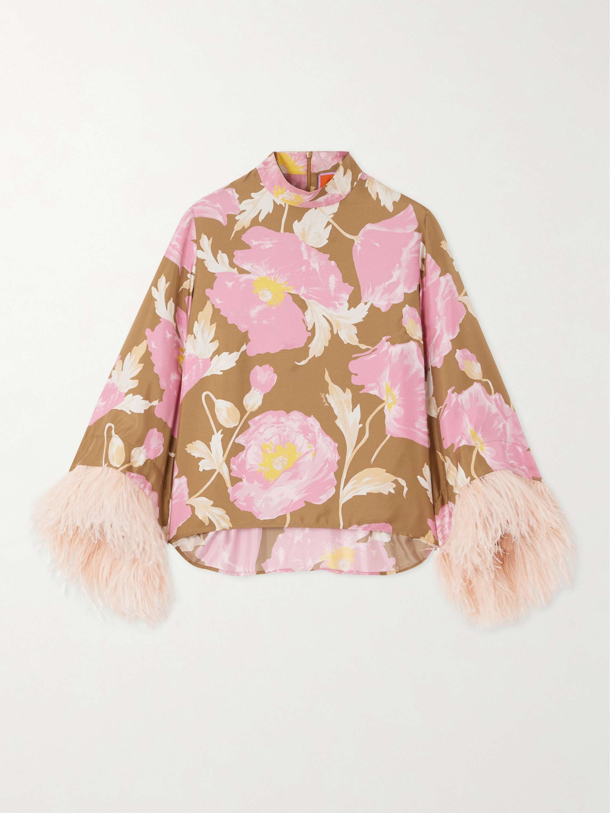 Make An Exit feather-trimmed floral-print silk-twill blouse view