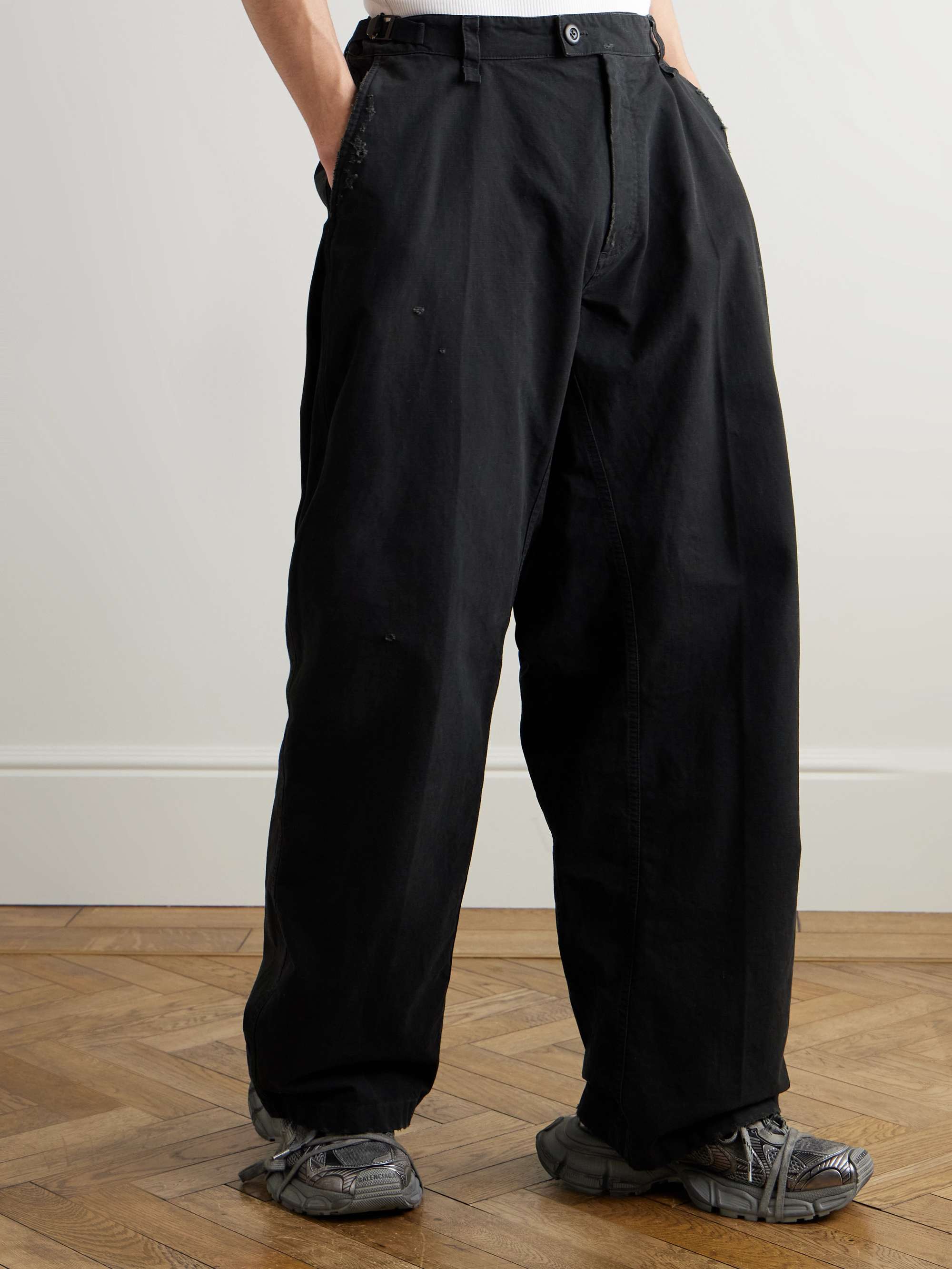 Wide-Leg Distressed Cotton Cargo Trousers view