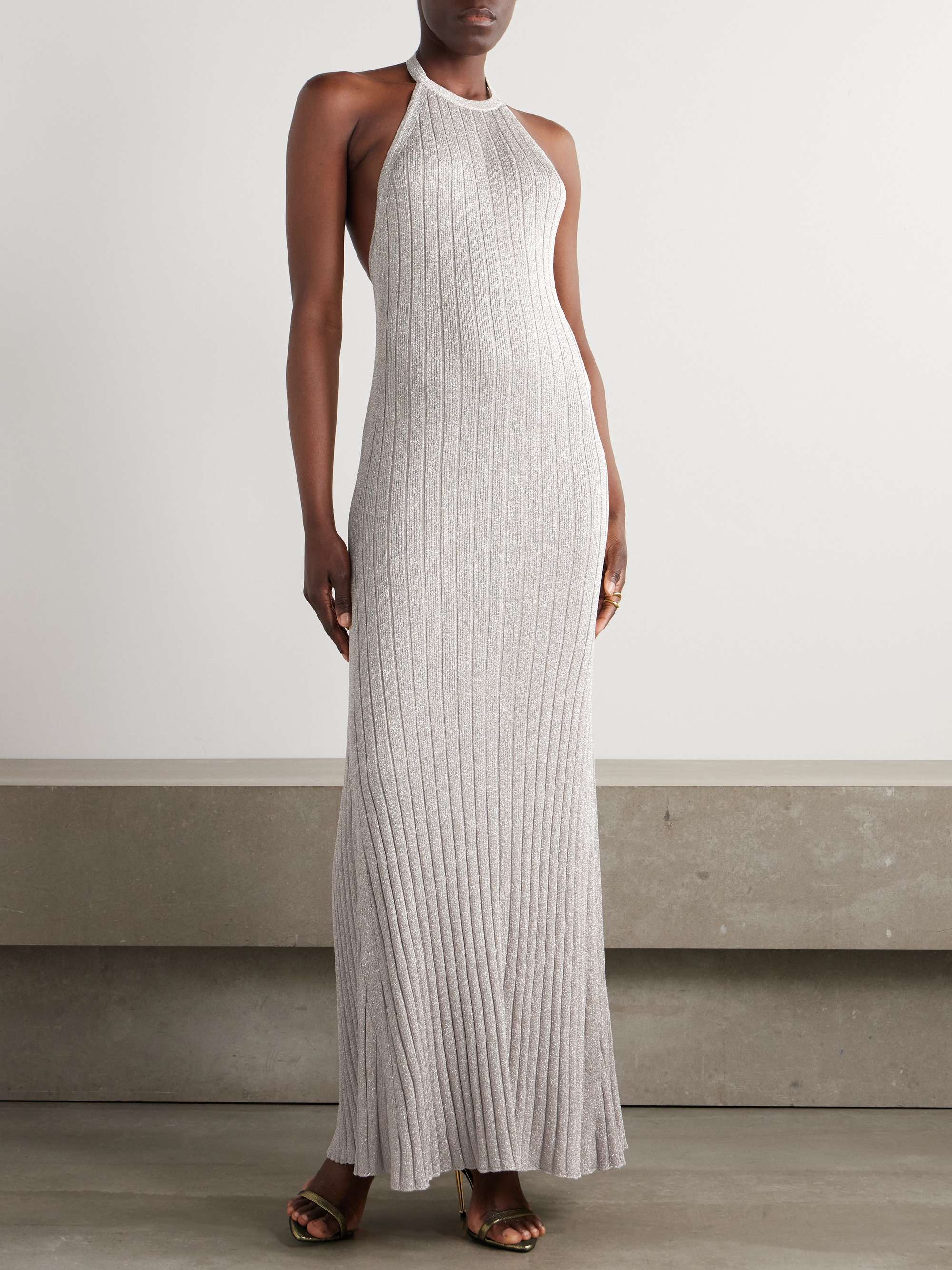 Metallic ribbed-knit halterneck maxi dress view