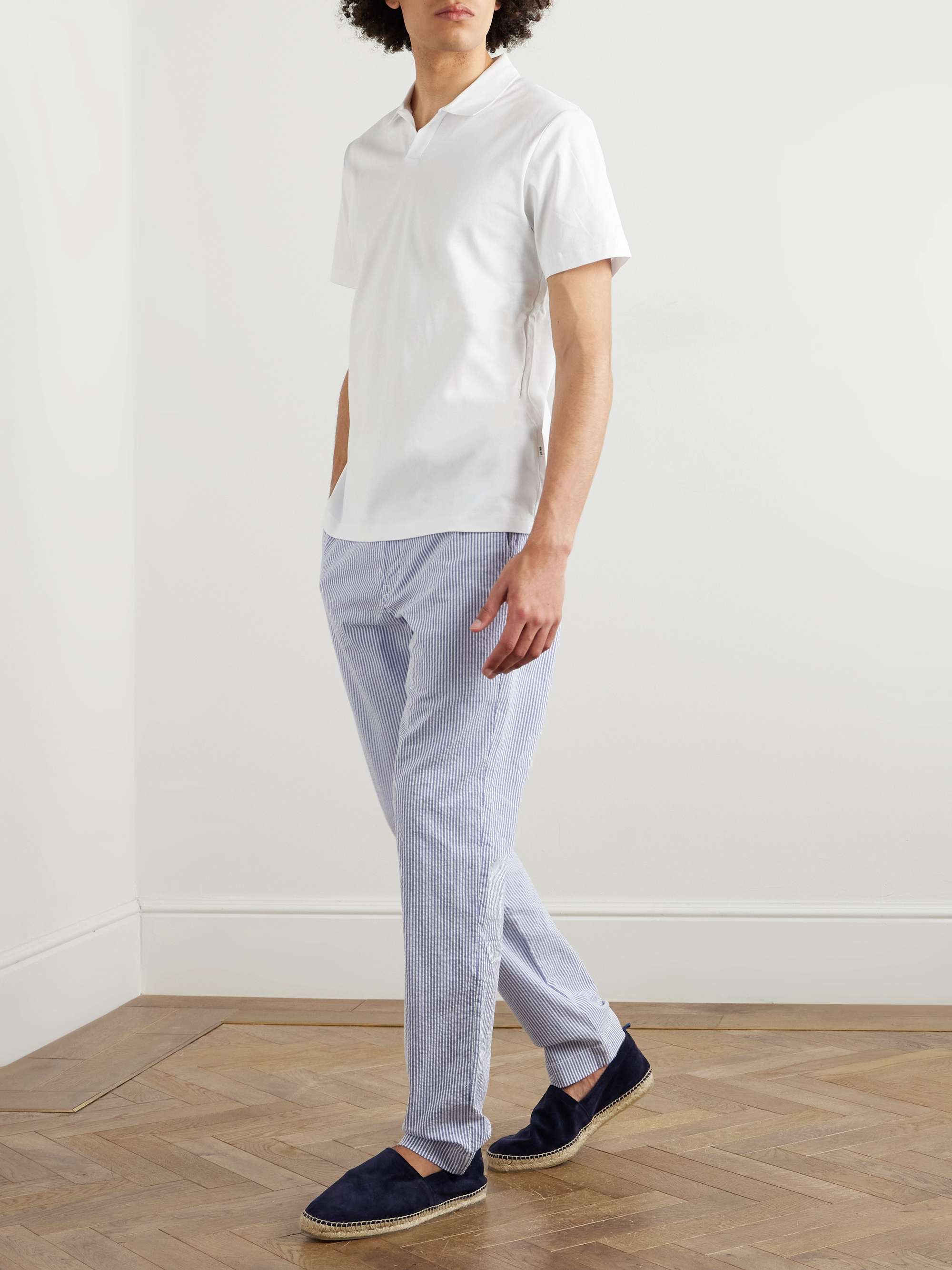 Straight-Leg Logo-Embroidered Striped Cotton-Blend Seersucker Trousers view
