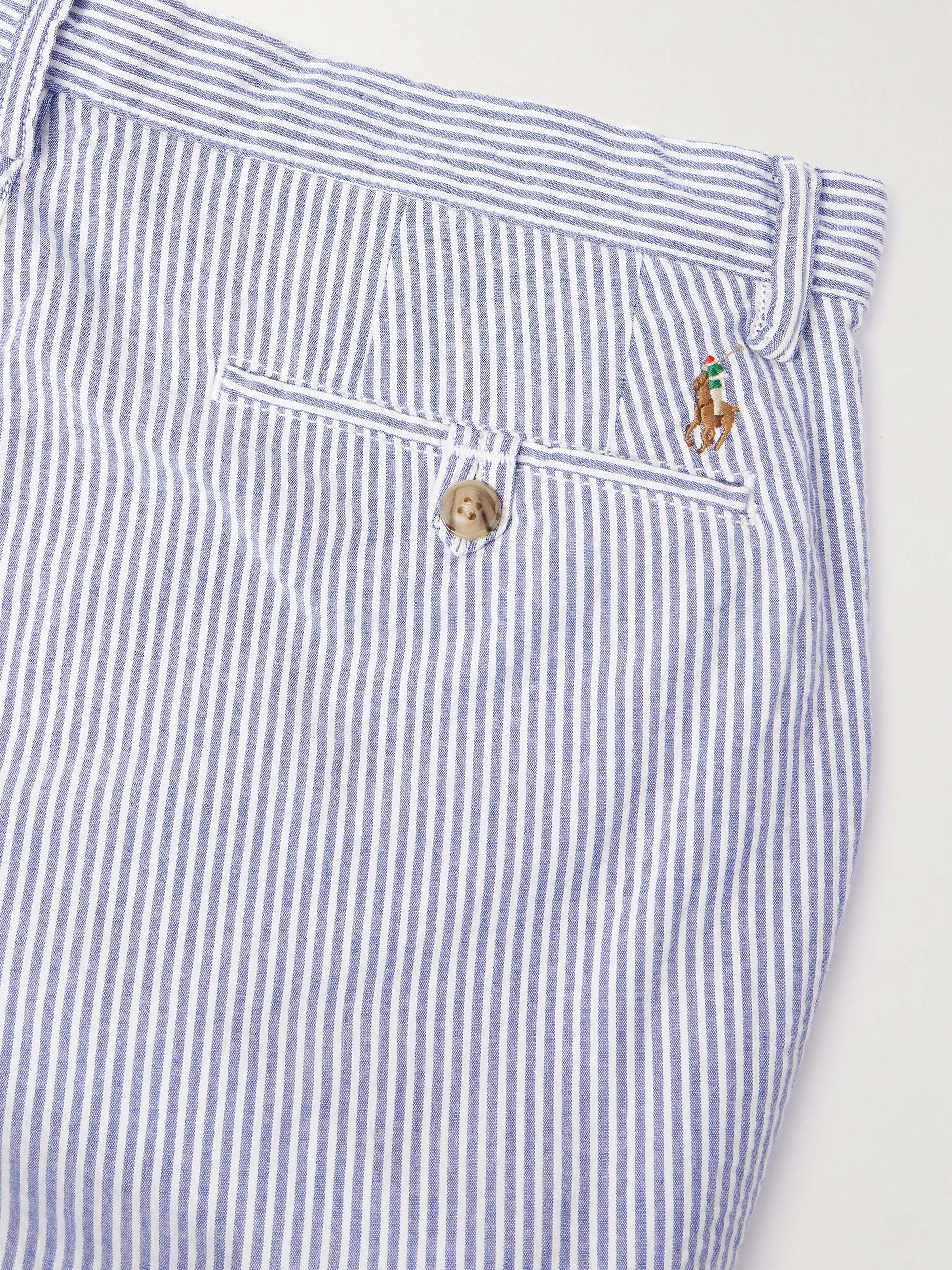 Straight-Leg Logo-Embroidered Striped Cotton-Blend Seersucker Trousers view