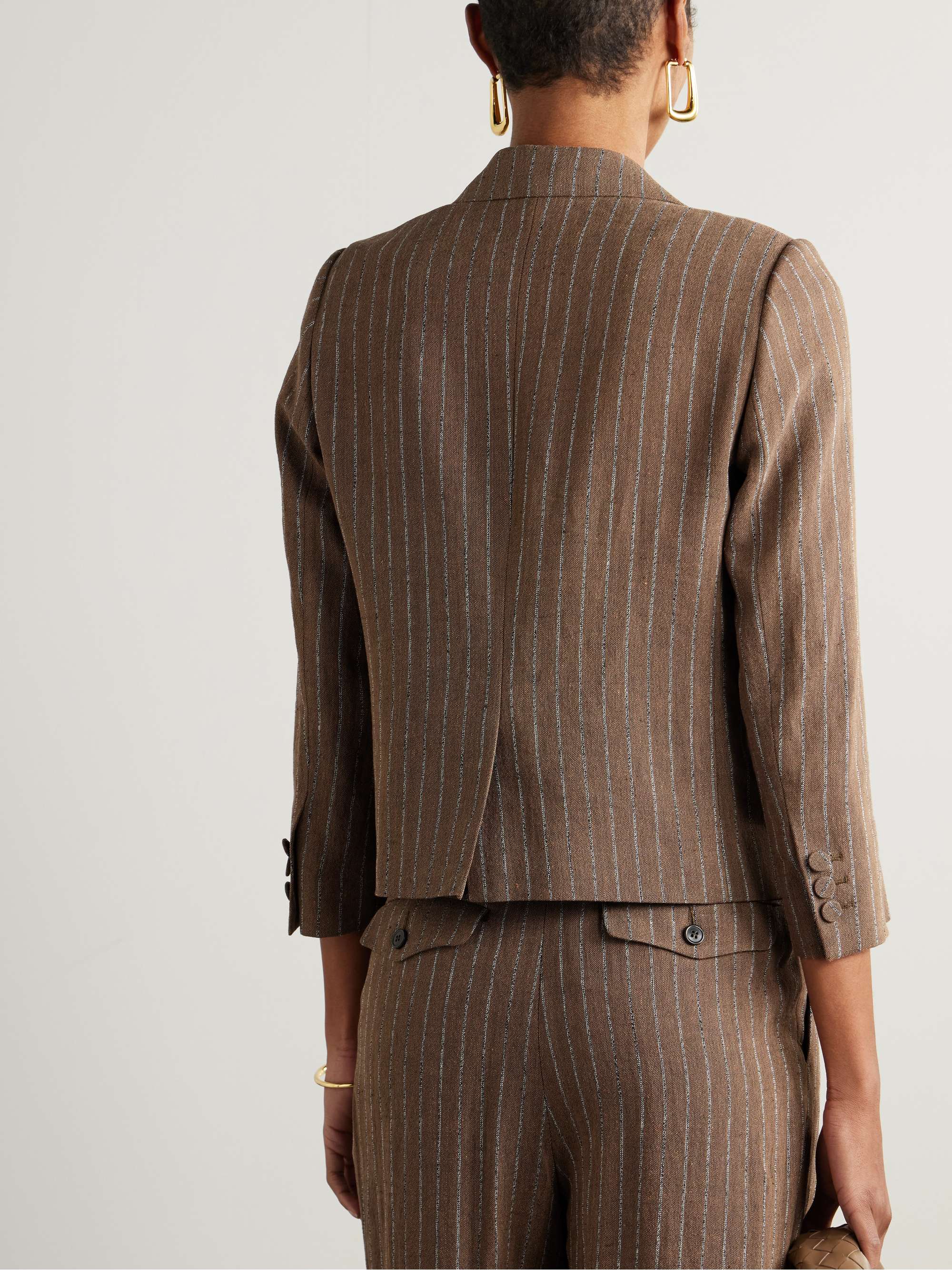 Cropped striped linen-blend blazer view