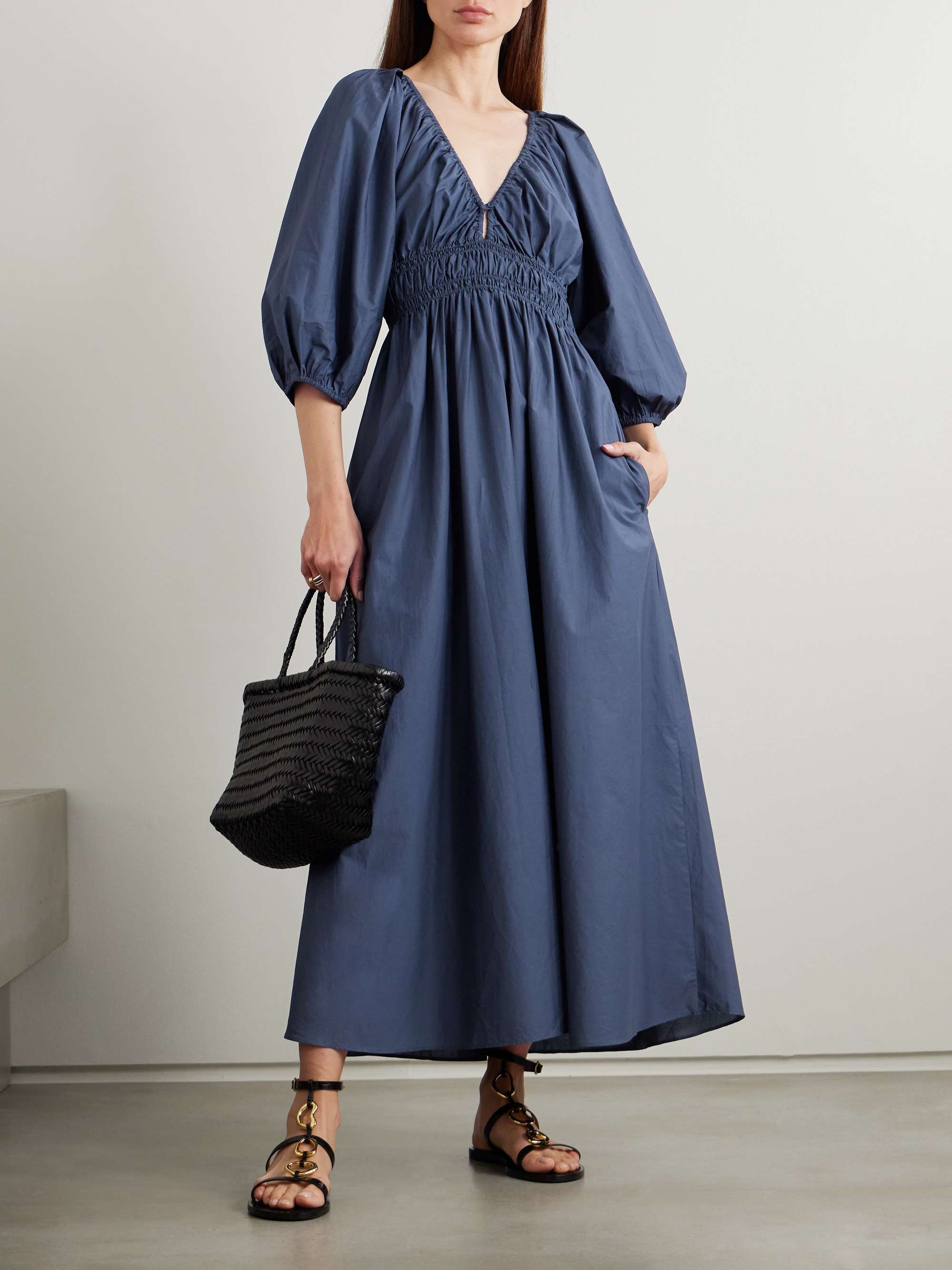 Shirred organic cotton-poplin maxi dress view