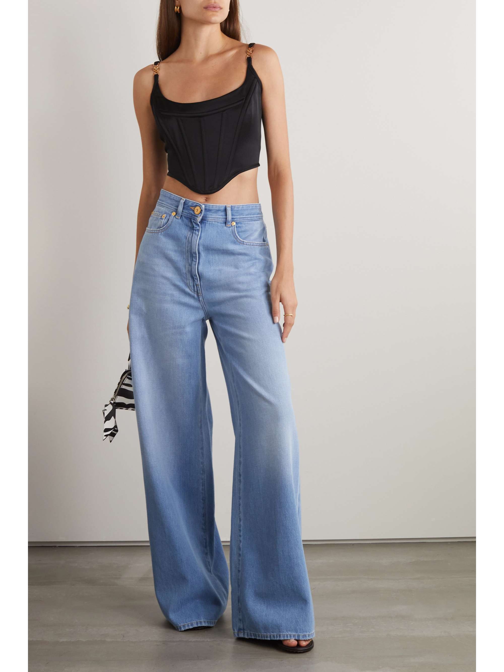 Icons cropped embellished satin bustier top view