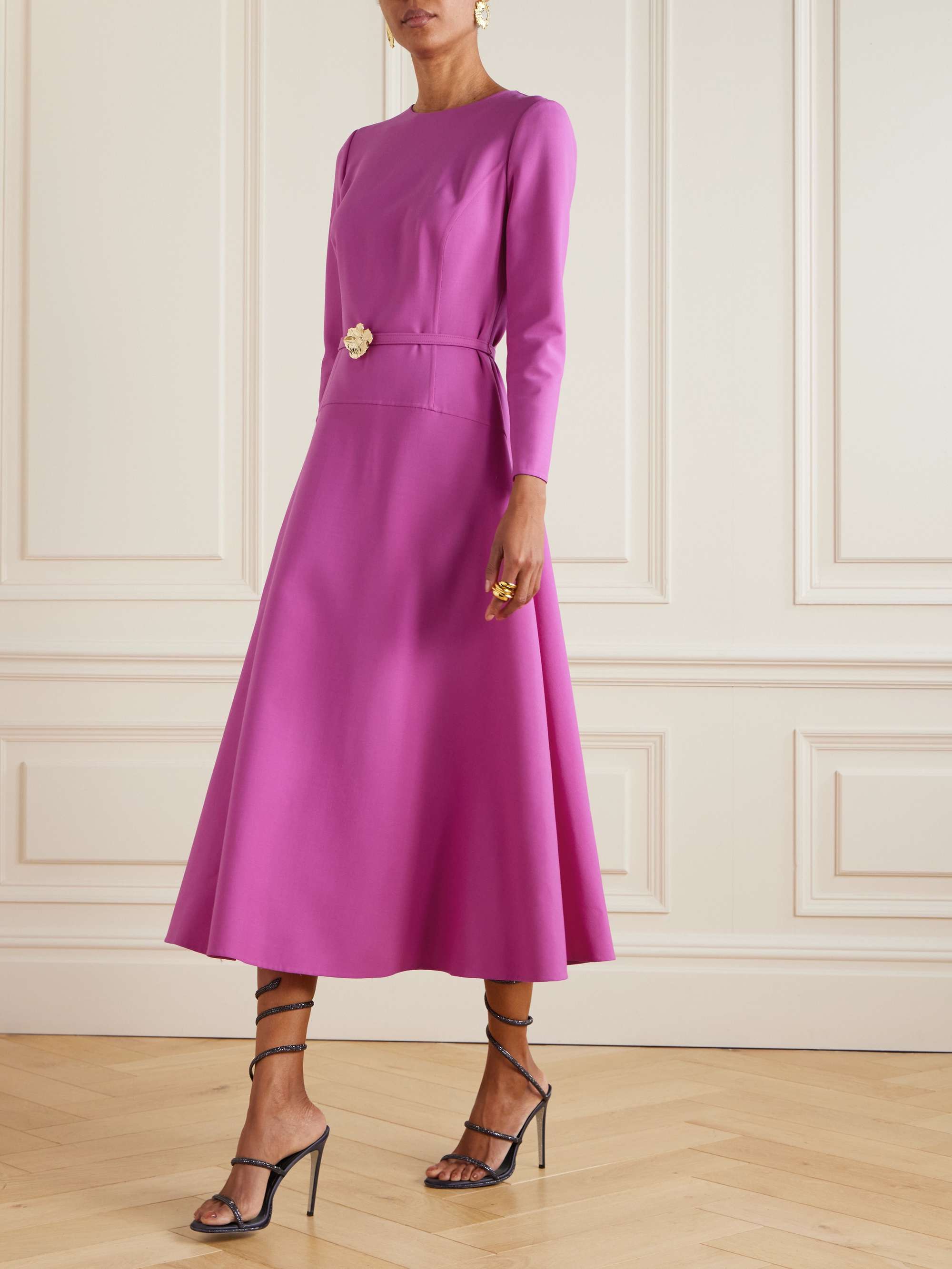 Belted wool-blend midi dress view