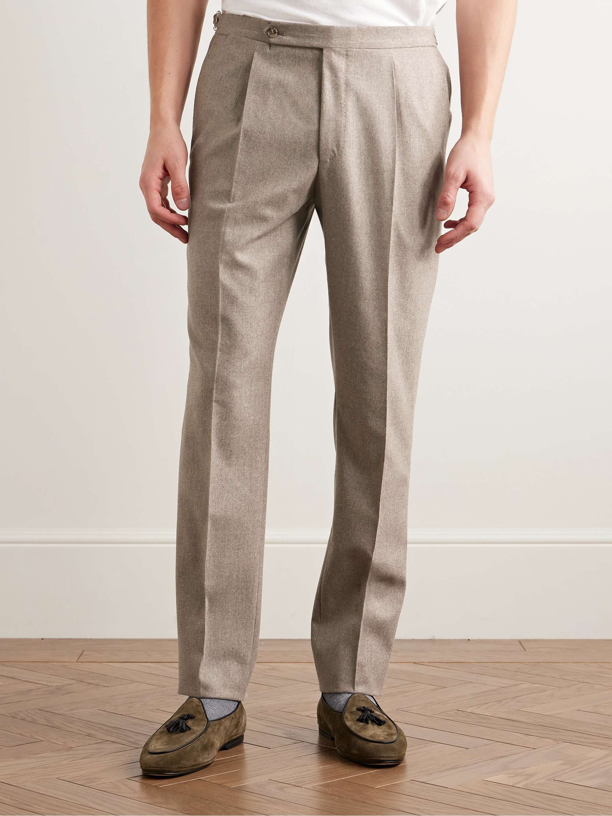 Slim-Fit Pleated Wool-Blend Flannel Suit Trousers view